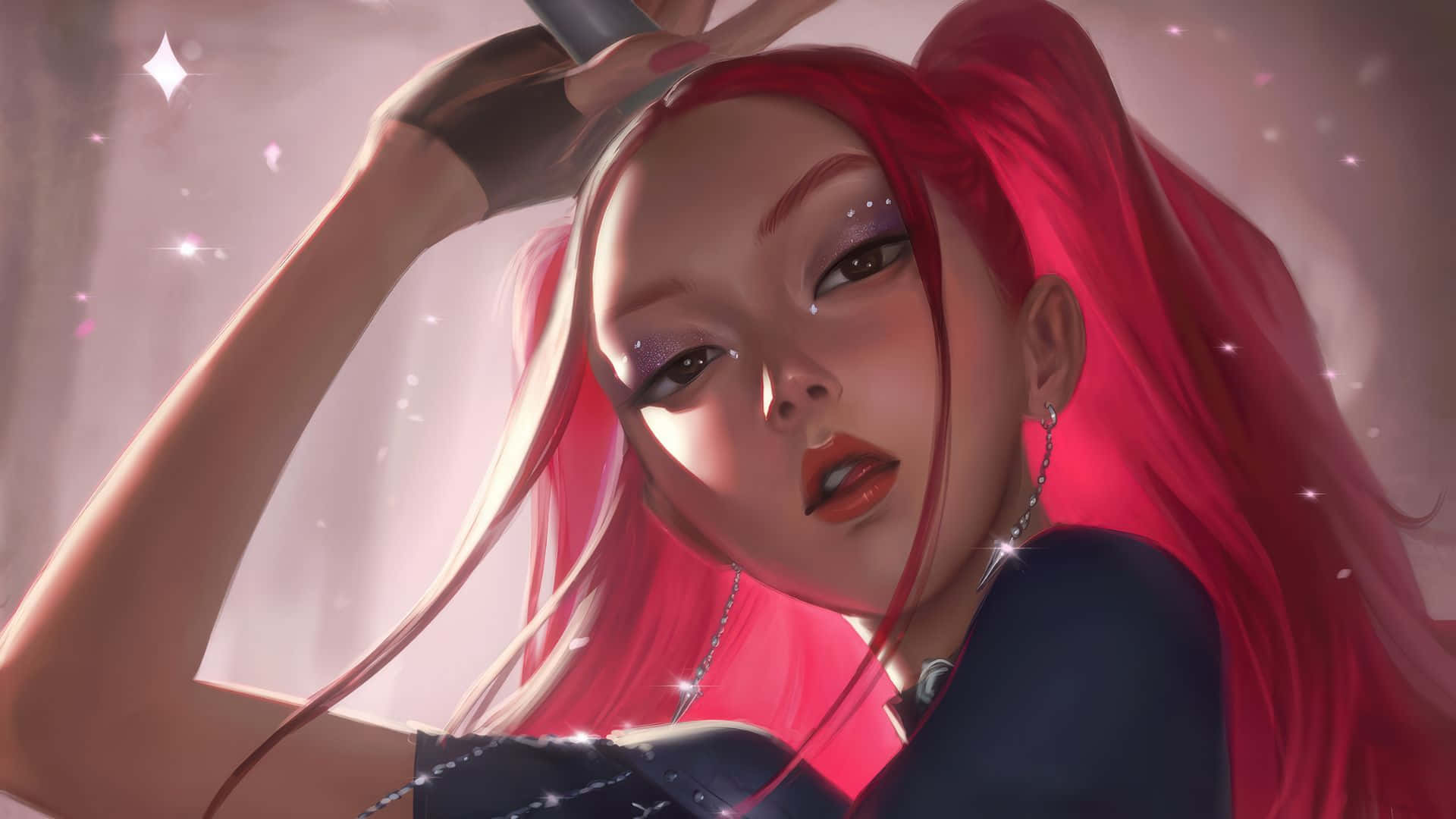 Mira Kpop Demon Hunters, vibrant red hair, sparkling eyes, Full HD Desktop Wallpaper