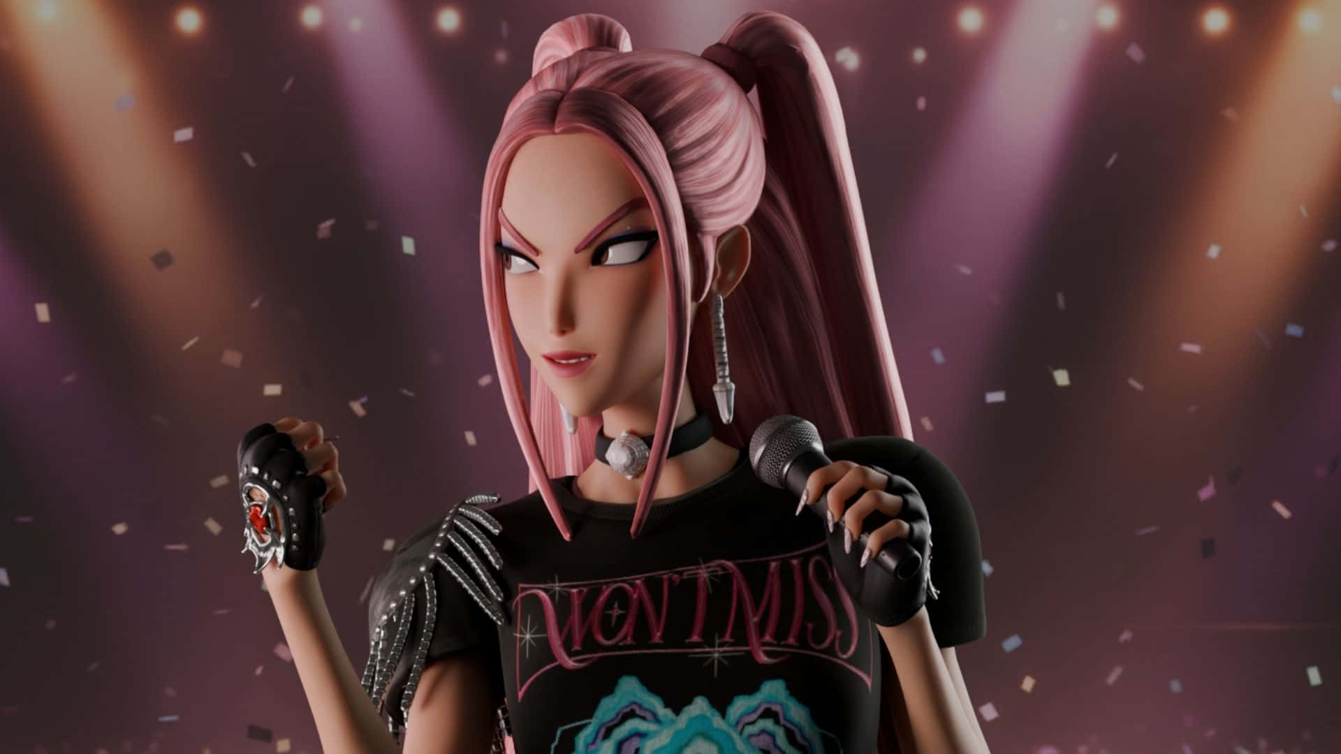 Mira Kpop Demon Hunters, pink hair, microphones, Full HD Desktop Wallpaper