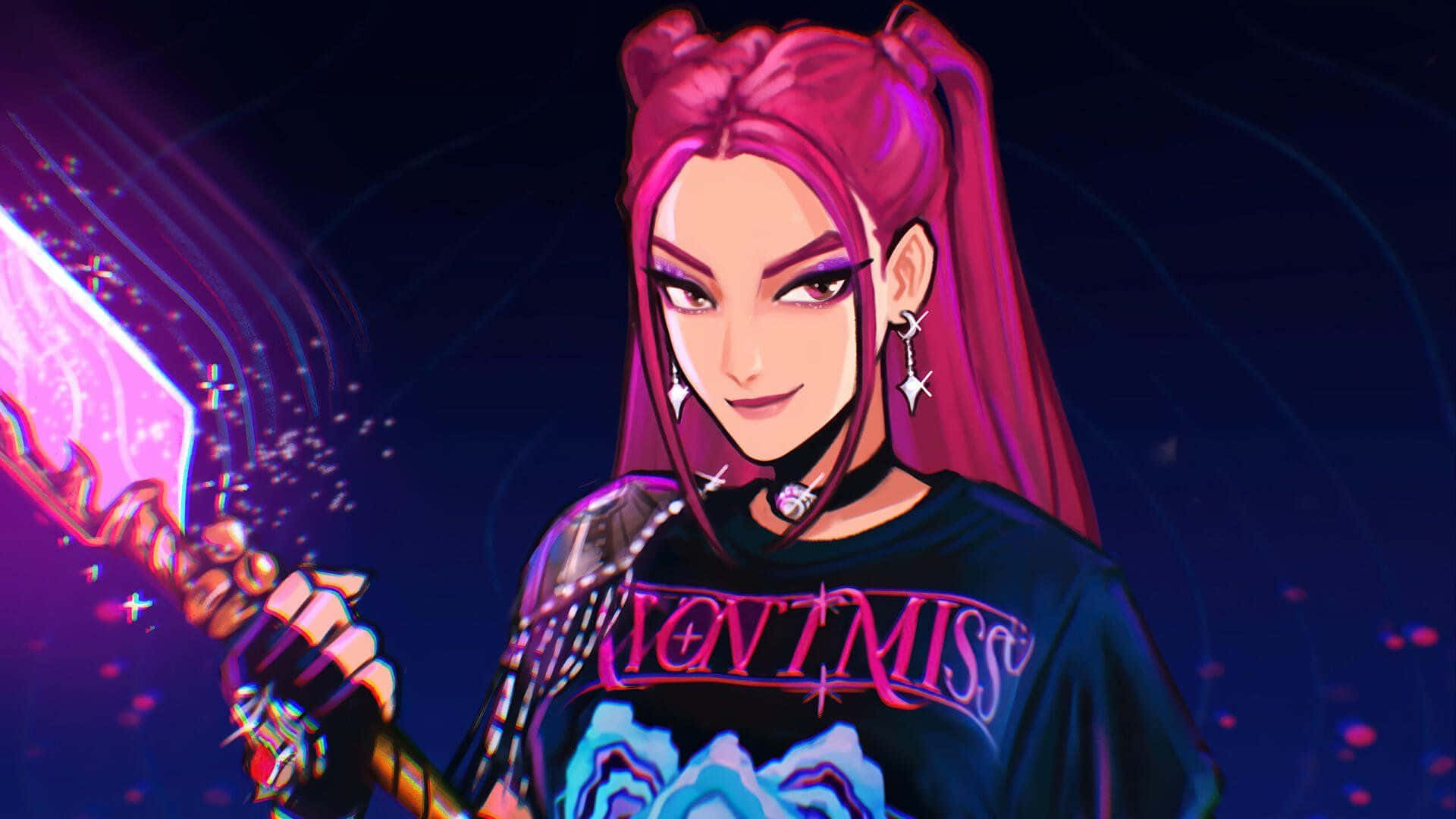 Mira Kpop Demon Hunters, pink hair, glowing sword, Full HD Desktop Wallpaper