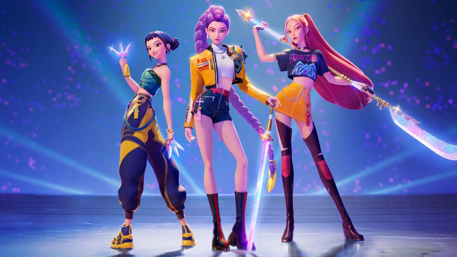 Kpop Demon Hunters Team, glowing stage, magical swords, Full HD Desktop Wallpaper