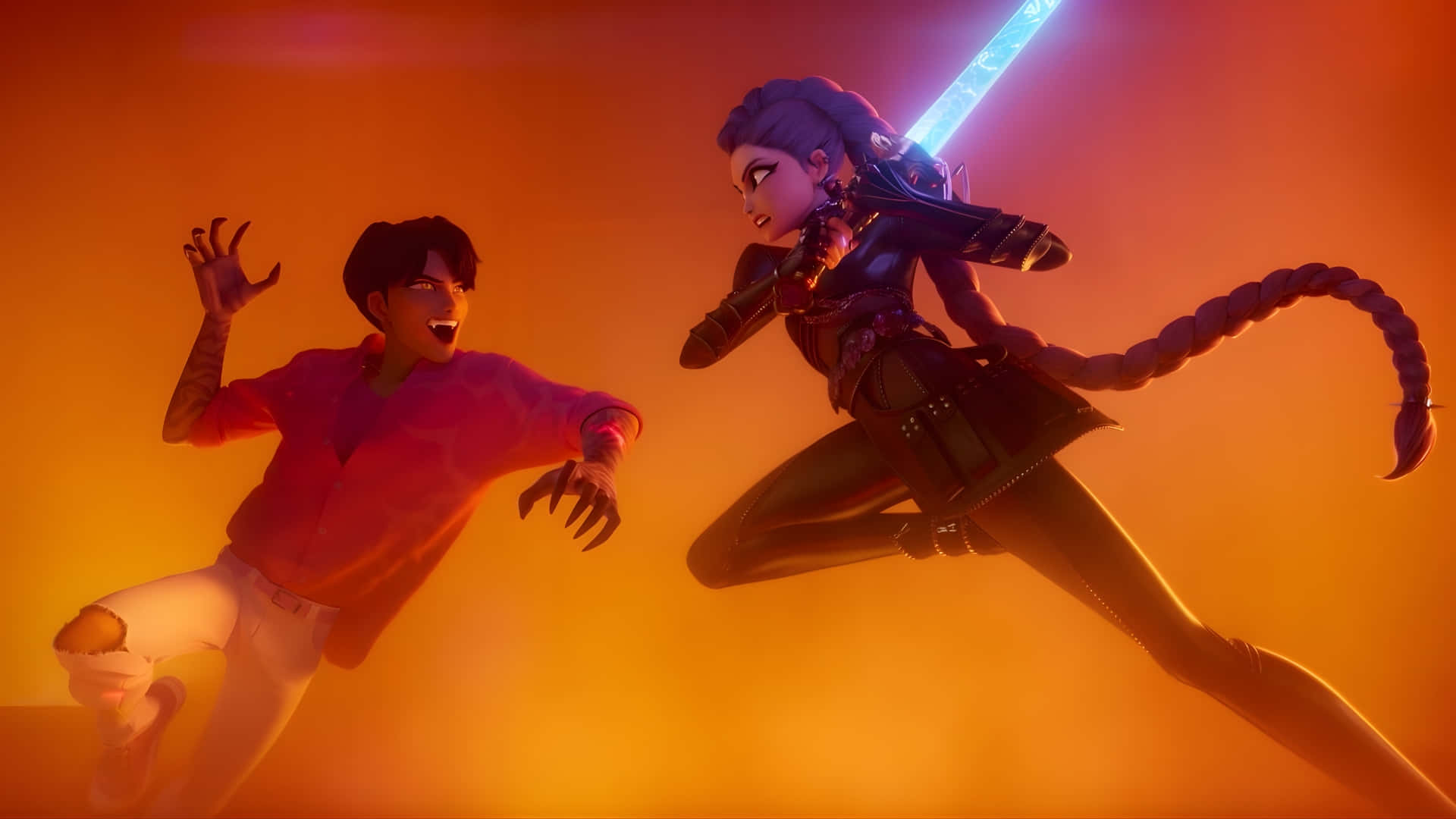 Kpop Demon Hunters, glowing sword, fiery orange backdrop, Full HD Desktop Wallpaper