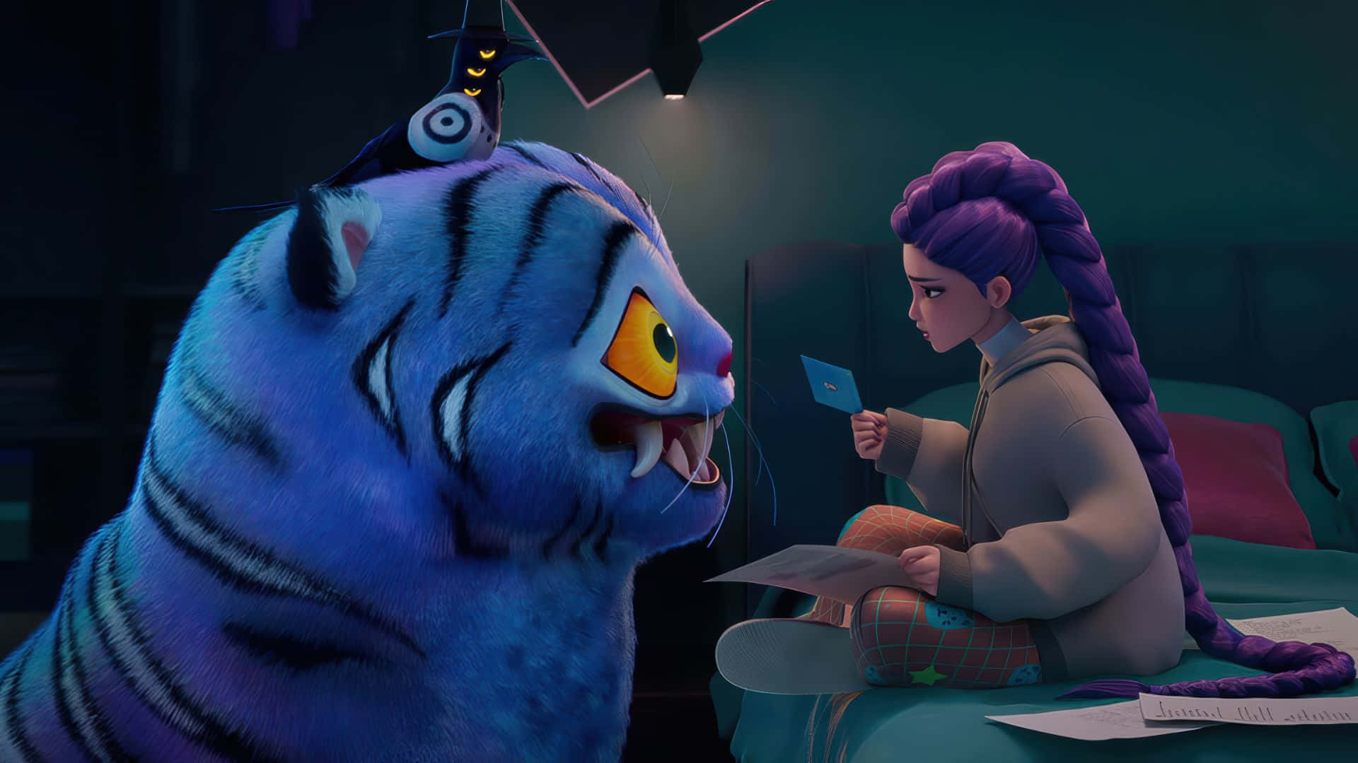Kpop Demon Hunters, purple braids, blue striped tiger, Full HD Desktop Wallpaper