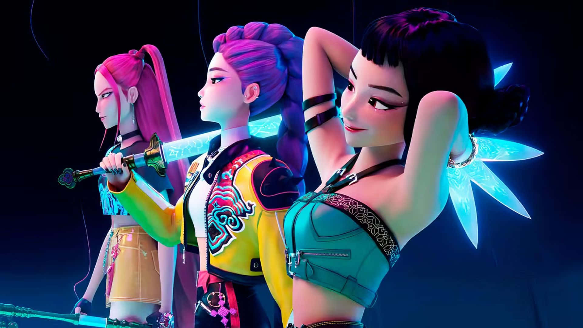 Kpop Demon Hunters Team, anime girls, vibrant outfits, Full HD Desktop Wallpaper