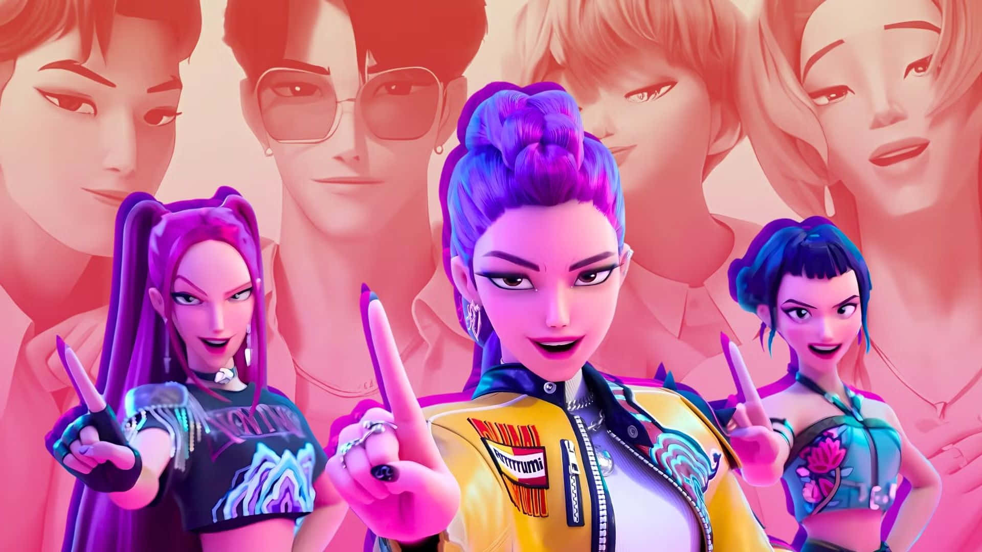 Kpop Demon Hunters, anime-style characters, purple blue hair, Full HD Desktop Wallpaper