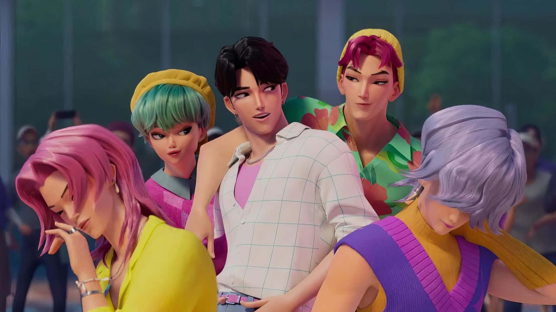 Kpop Demon Hunters Team, vibrant hair colors, bold outfits, Full HD Desktop Wallpaper