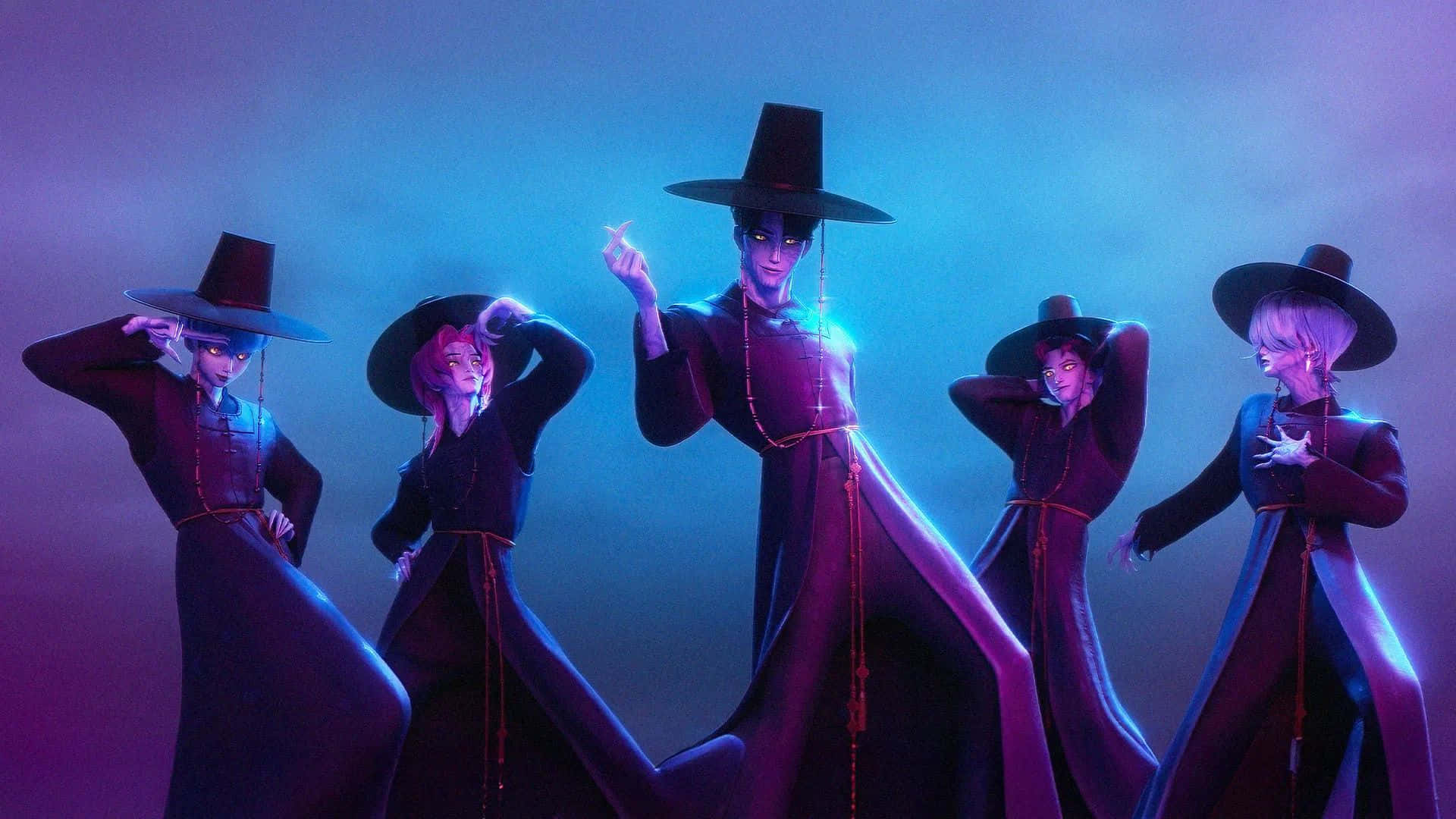 Kpop Demon Hunters, anime-style figures, dark robes, Full HD Desktop Wallpaper