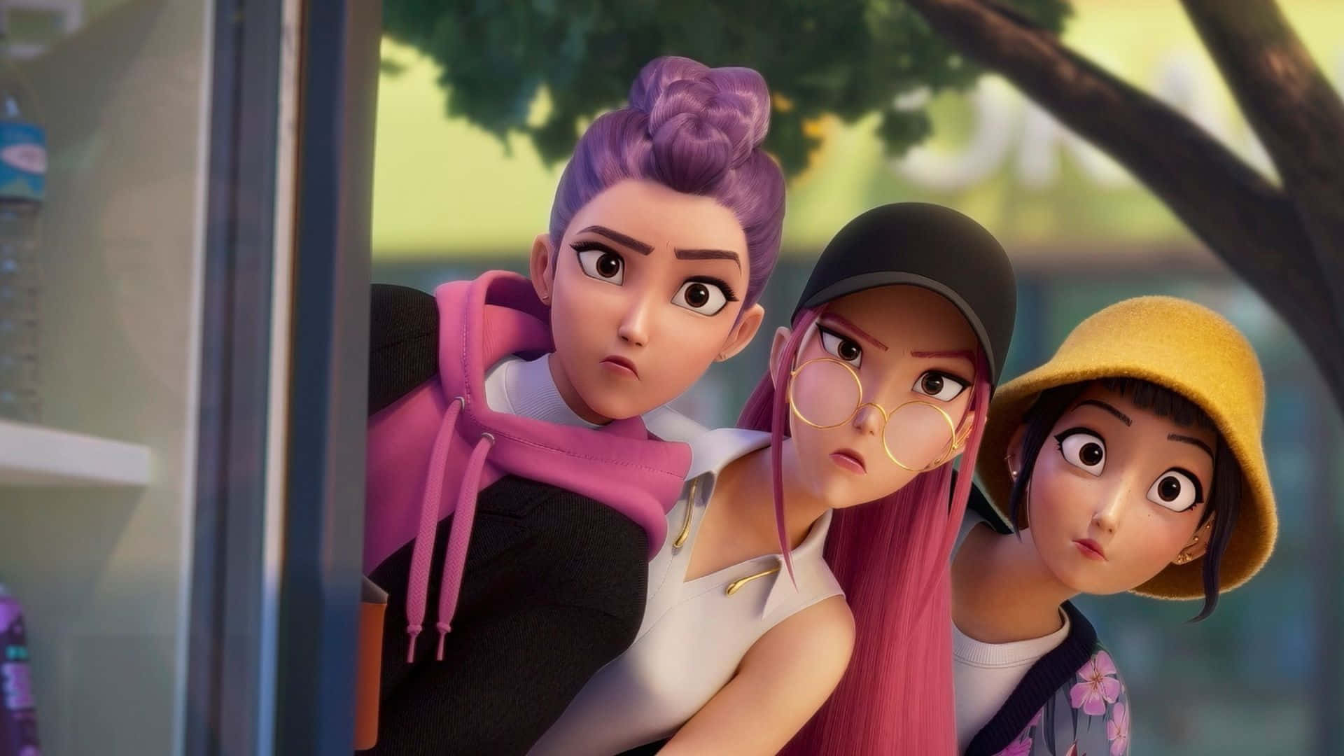 Kpop Demon Hunters Team, purple pink and yellow hair, window frame, Full HD Desktop Wallpaper