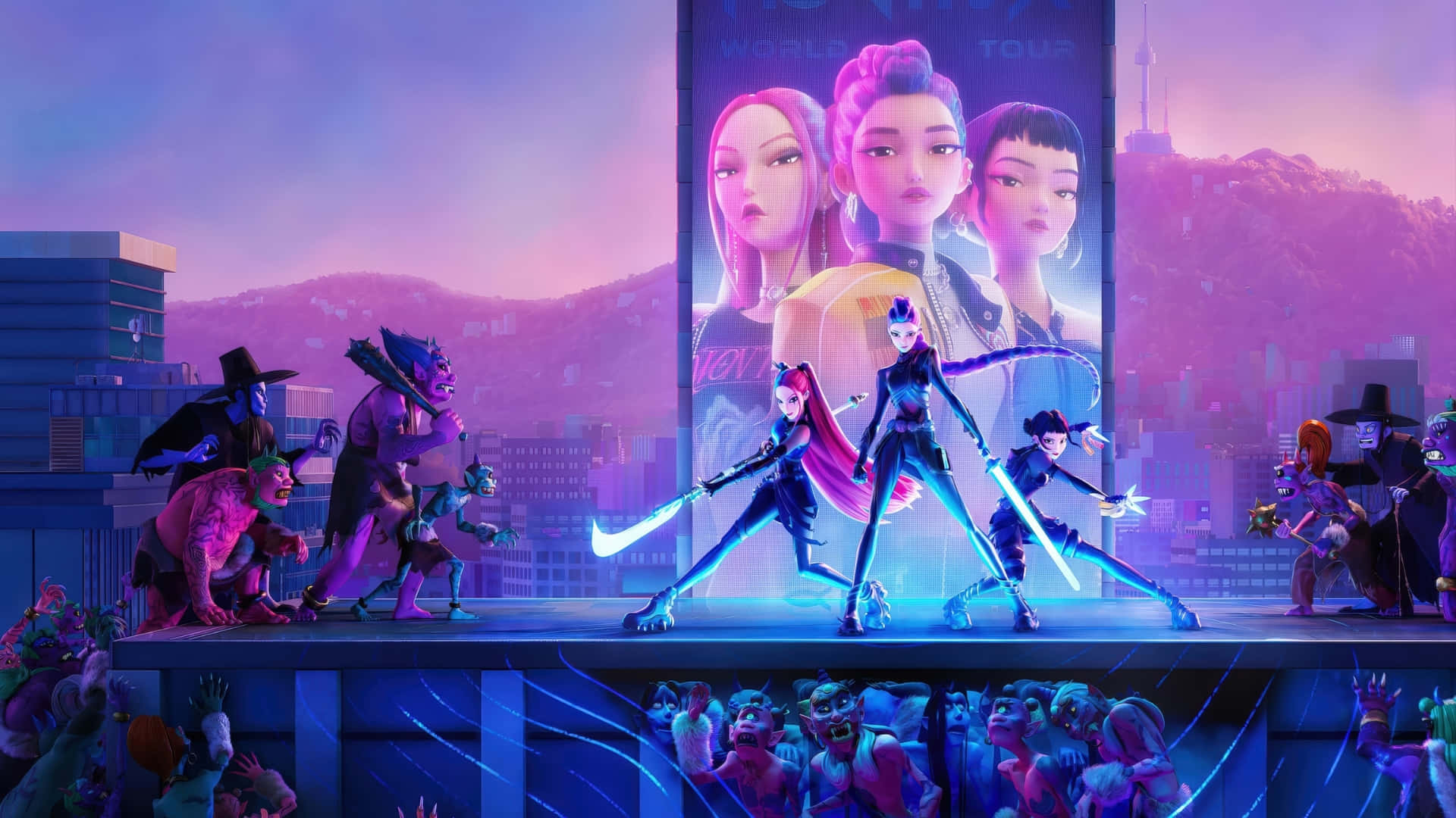 Kpop Demon Hunters, anime-style female warriors, glowing swords, Full HD Desktop Wallpaper