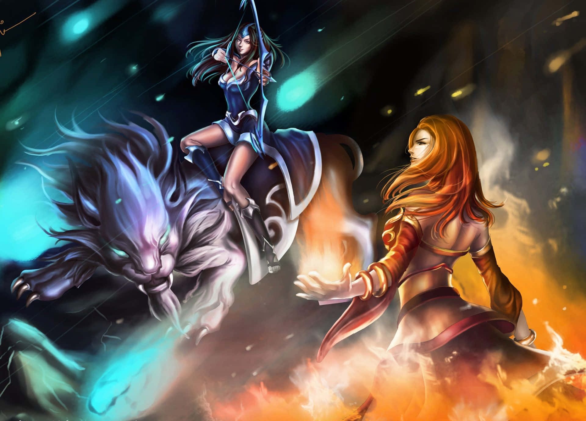 Mirana, elven archer, glowing blue lion, Full HD Desktop Wallpaper