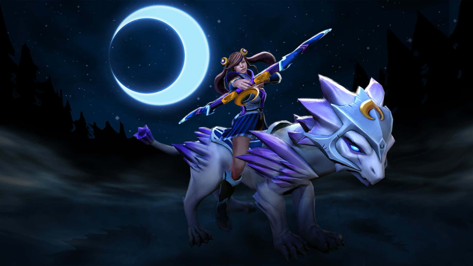 Mirana, glowing purple dragon, bright crescent moon, Full HD Desktop Wallpaper