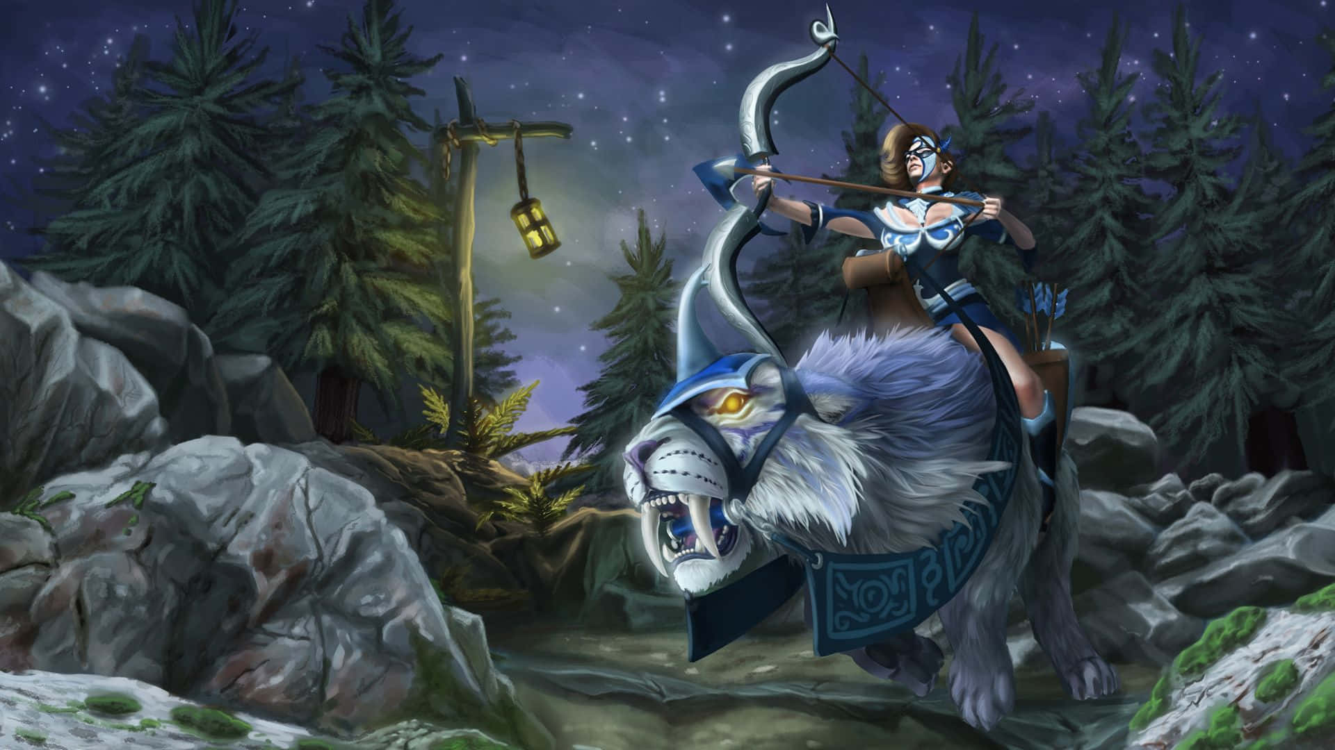 Mirana, white tiger, starlit forest, Full HD Desktop Wallpaper