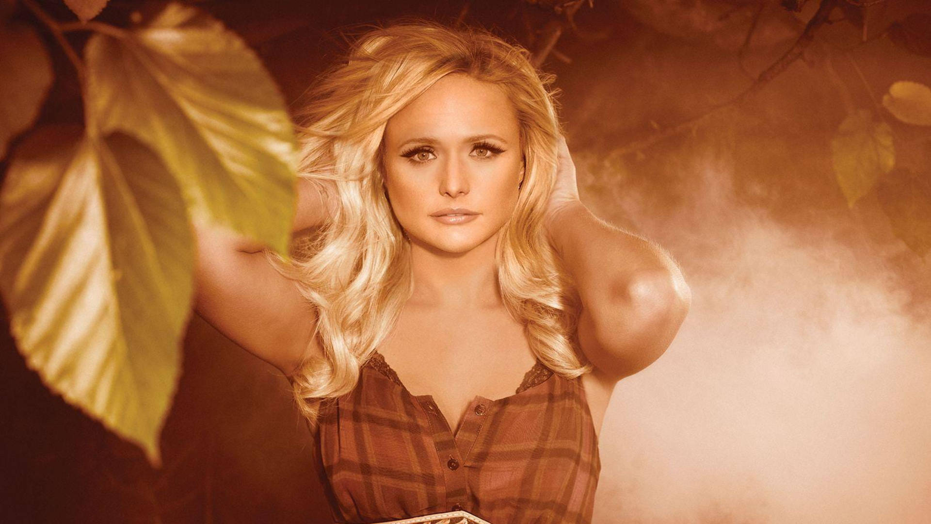 Miranda Lambert, plaid top, golden autumn leaves, Full HD Desktop Wallpaper