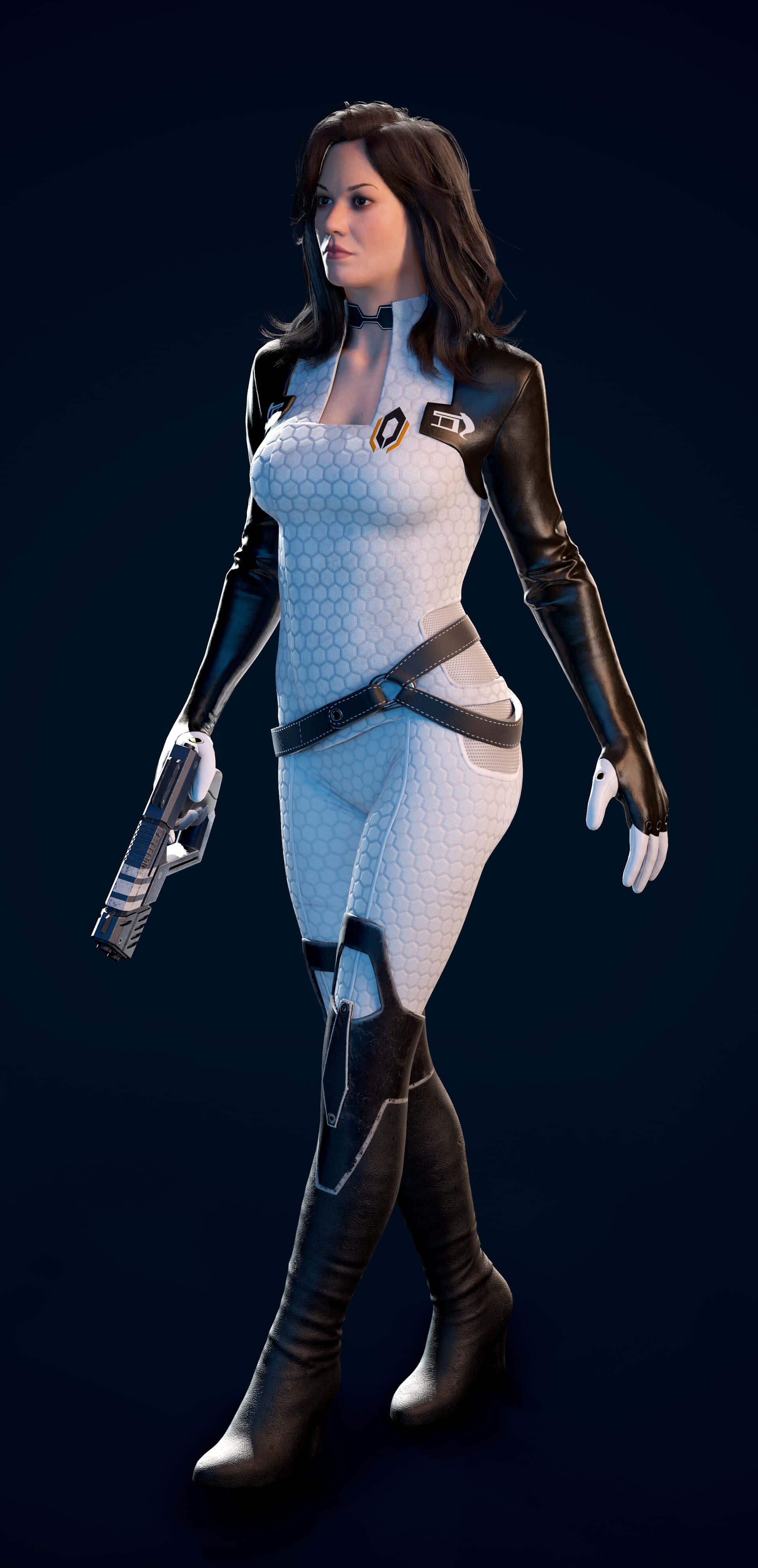 Miranda Lawson, white hexagonal bodysuit, black leather accents, 4K Phone Wallpaper