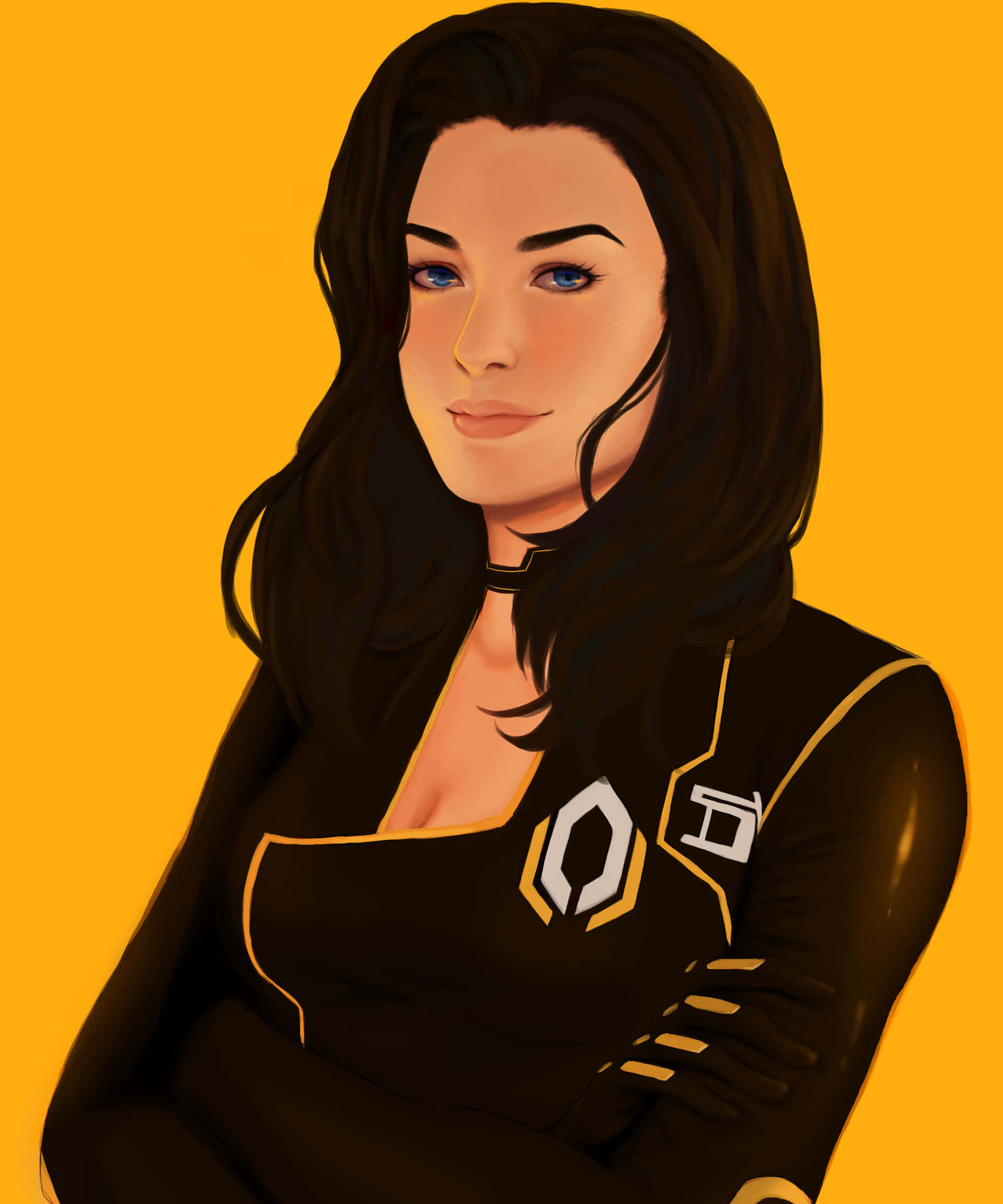 Miranda Lawson, black futuristic outfit, gold accents, Full HD Phone Wallpaper