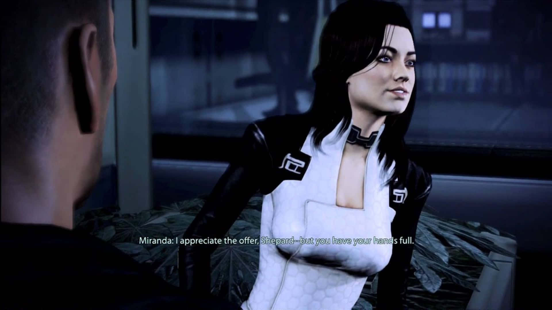 Miranda Lawson, white and black uniform, dimly lit futuristic room, Full HD Desktop Wallpaper