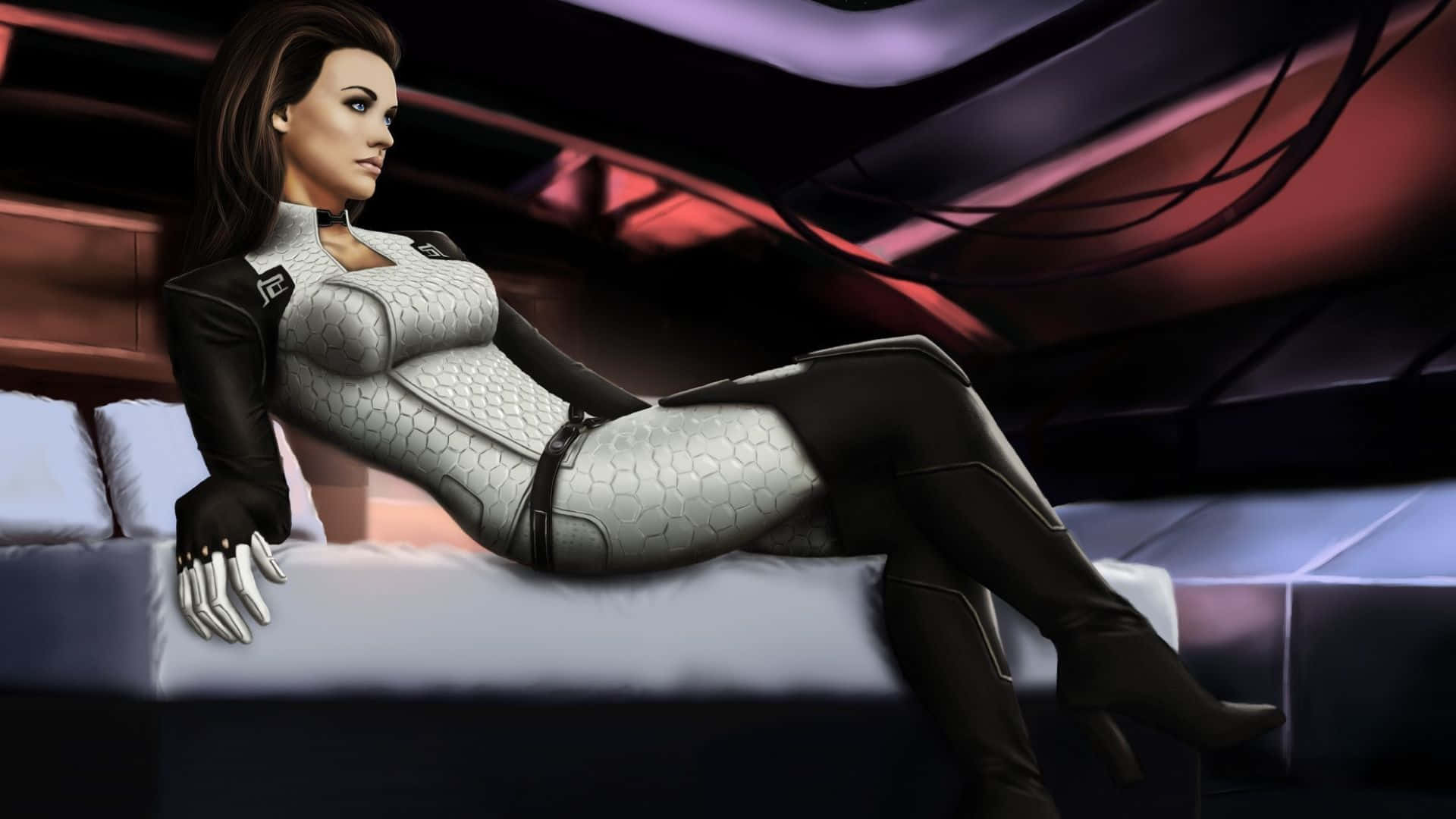 Miranda Lawson, futuristic hex-patterned suit, sleek white couch, Full HD Desktop Wallpaper