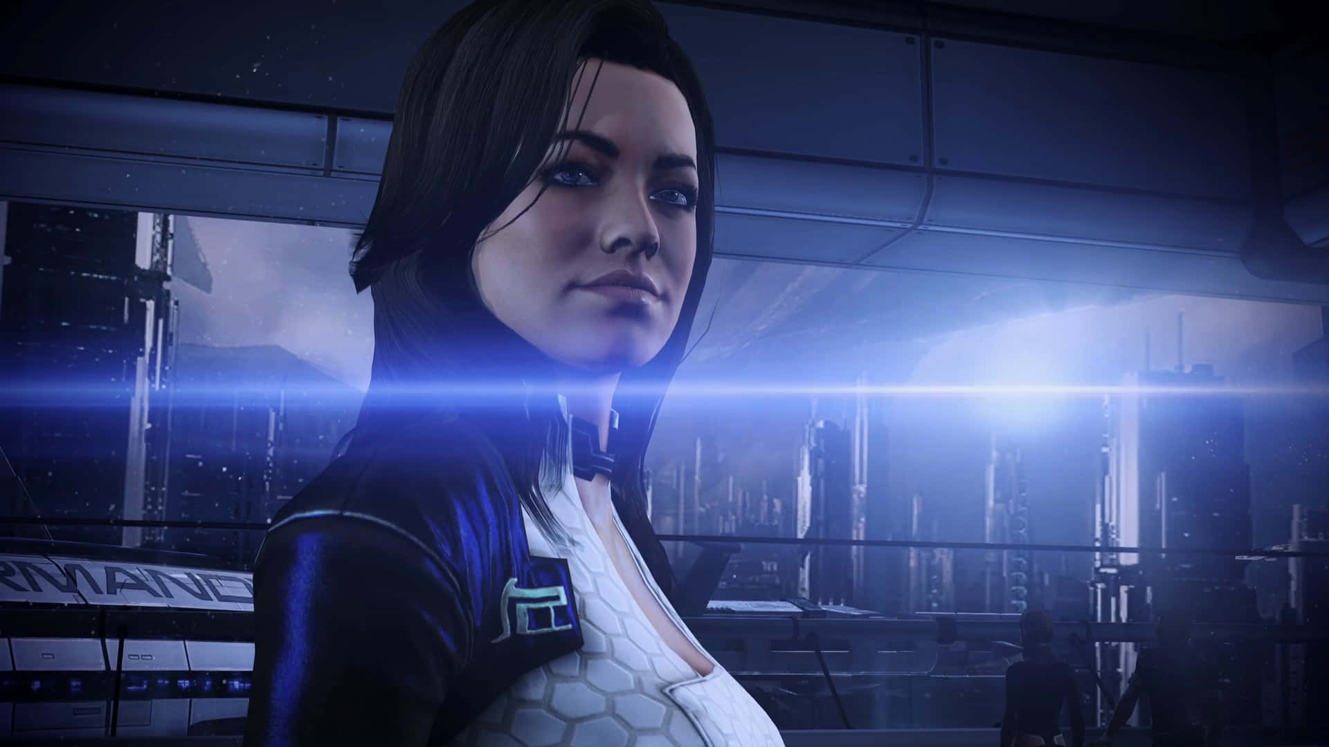 Miranda Lawson, futuristic armor, glowing blue sci-fi cityscape, Full HD Desktop Wallpaper