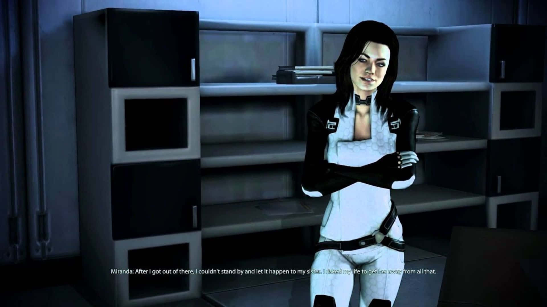 Miranda Lawson, white and black futuristic outfit, dimly lit office, Full HD Desktop Wallpaper