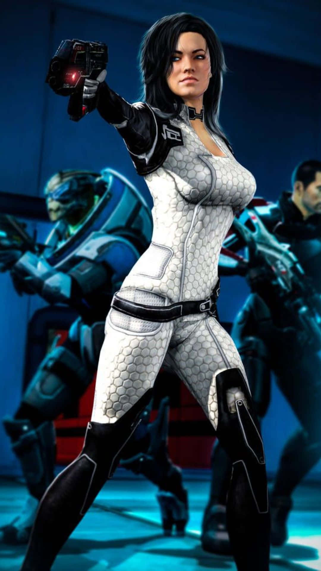 Miranda Lawson, white hexagonal armored suit, glowing red weapon, Full HD Phone Wallpaper