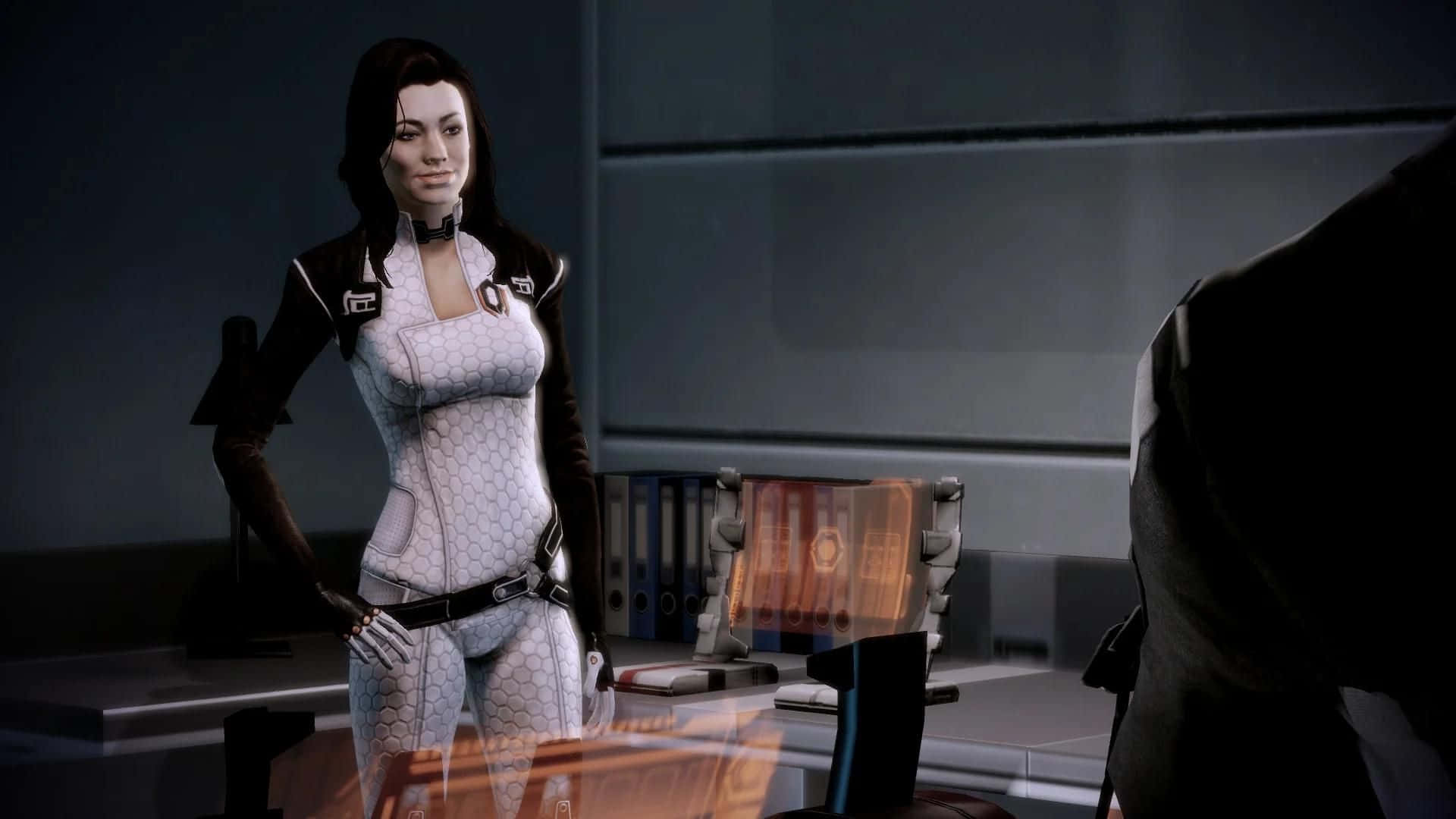 Miranda Lawson, hex-patterned white suit, dimly lit futuristic office, Full HD Desktop Wallpaper