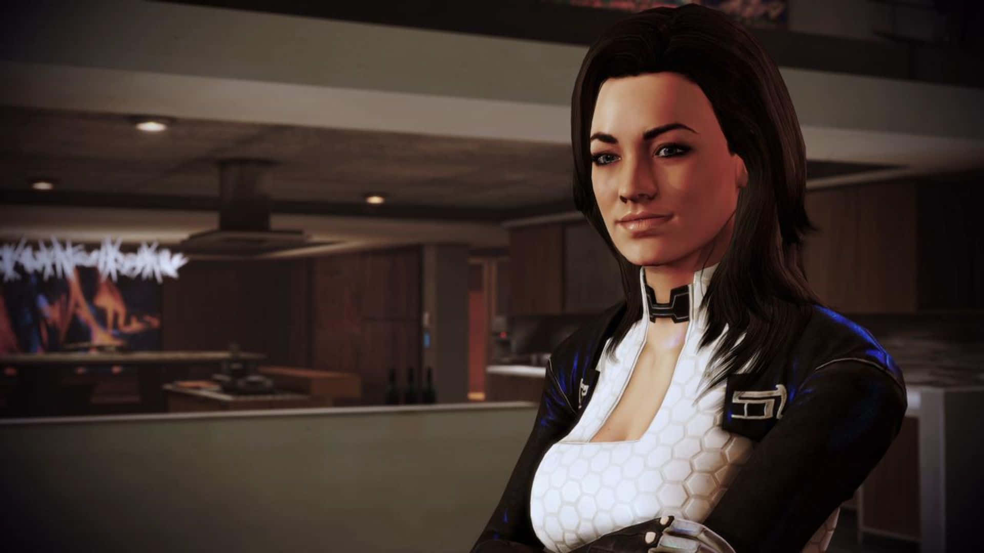 Miranda Lawson, futuristic white and black outfit, modern kitchen, Full HD Desktop Wallpaper