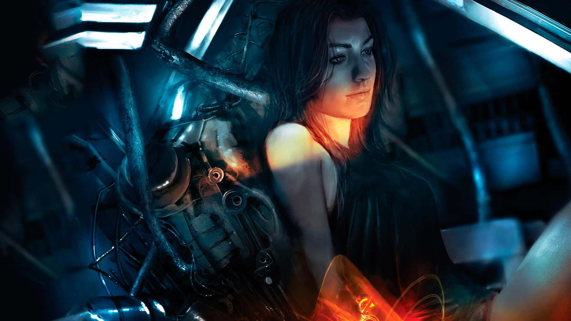 Miranda Lawson, futuristic cockpit, glowing mechanical parts, Full HD Desktop Wallpaper