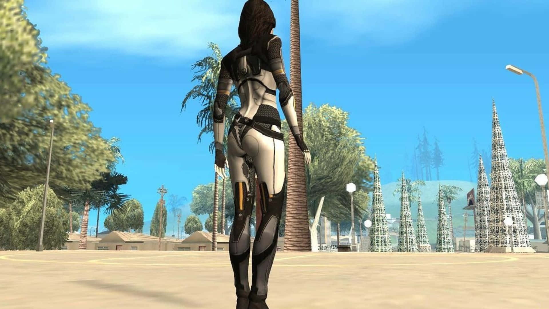 Miranda Lawson, futuristic armor, sunlit urban plaza, Full HD Desktop Wallpaper