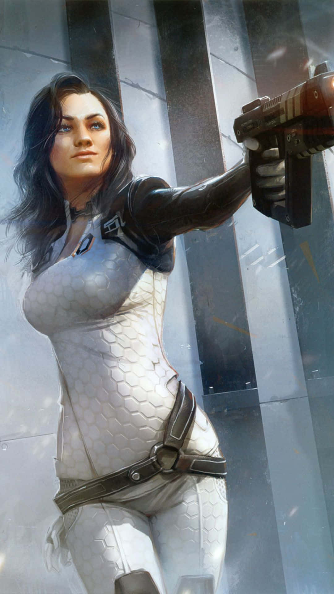 Miranda Lawson, white hexagonal suit, futuristic weapon, Full HD Phone Wallpaper