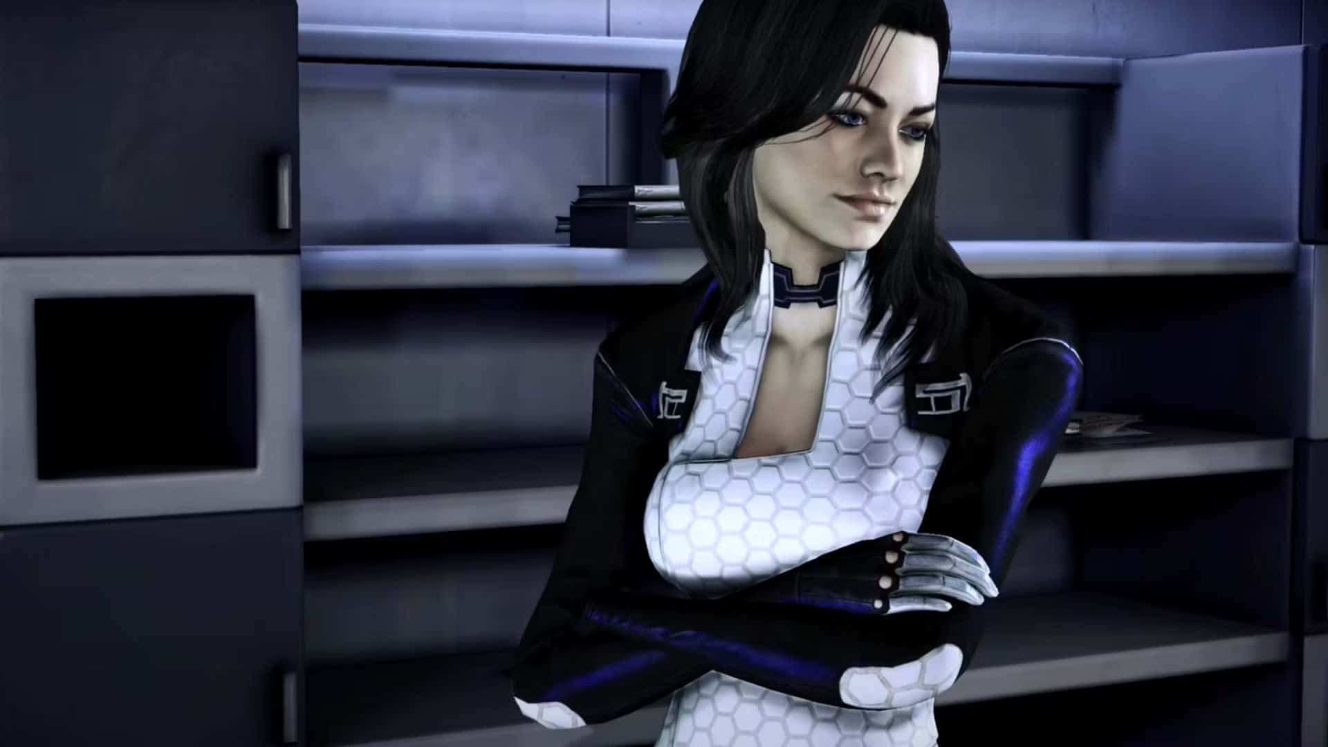 Miranda Lawson, futuristic hex-patterned suit, dimly lit high-tech room, Full HD Desktop Wallpaper