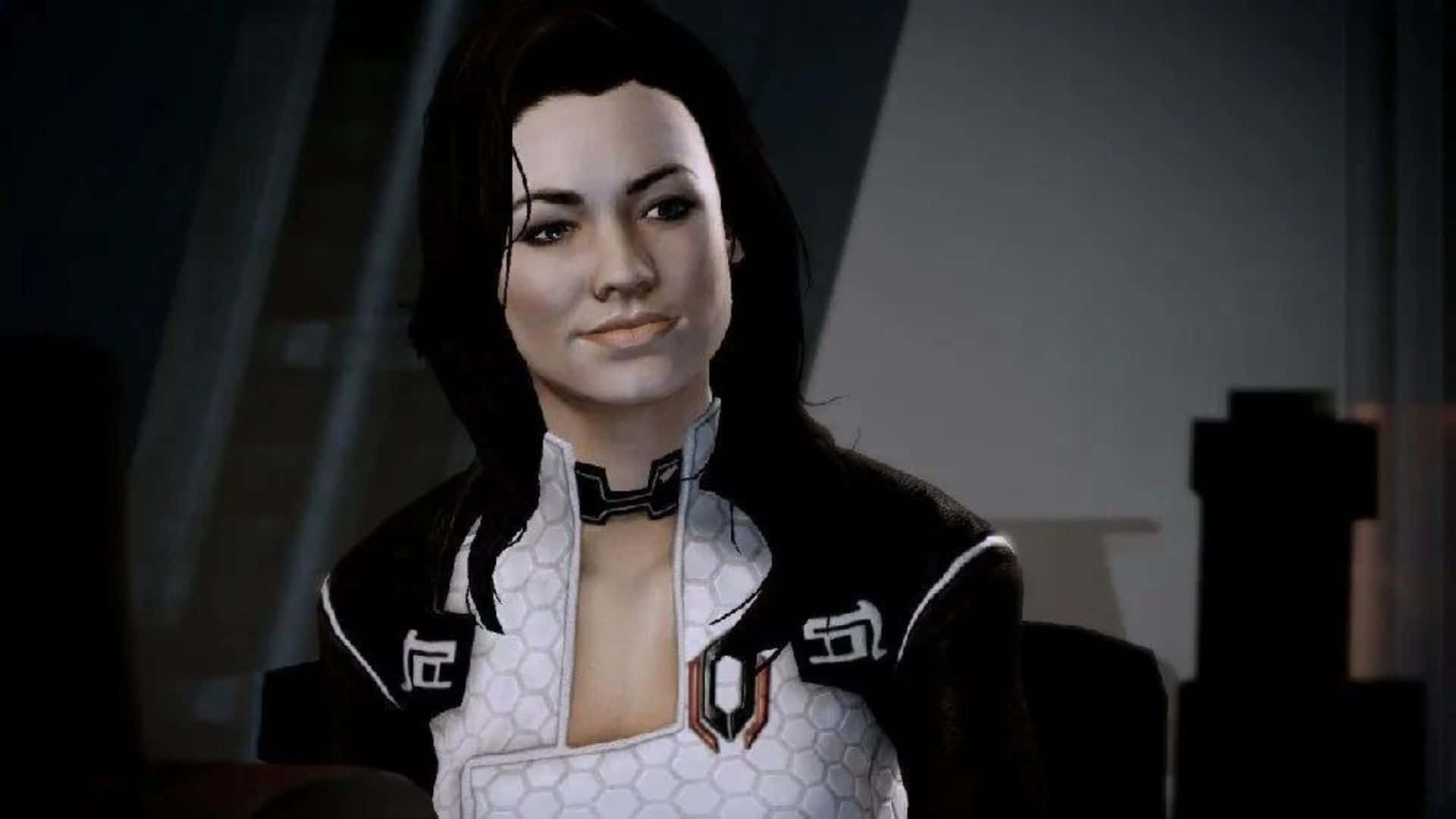 Miranda Lawson, futuristic black and white hexagonal outfit, dimly lit sci-fi interior, Full HD Desktop Wallpaper