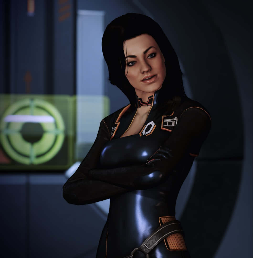 Miranda Lawson, black and orange armored suit, futuristic corridor, SD Phone Wallpaper