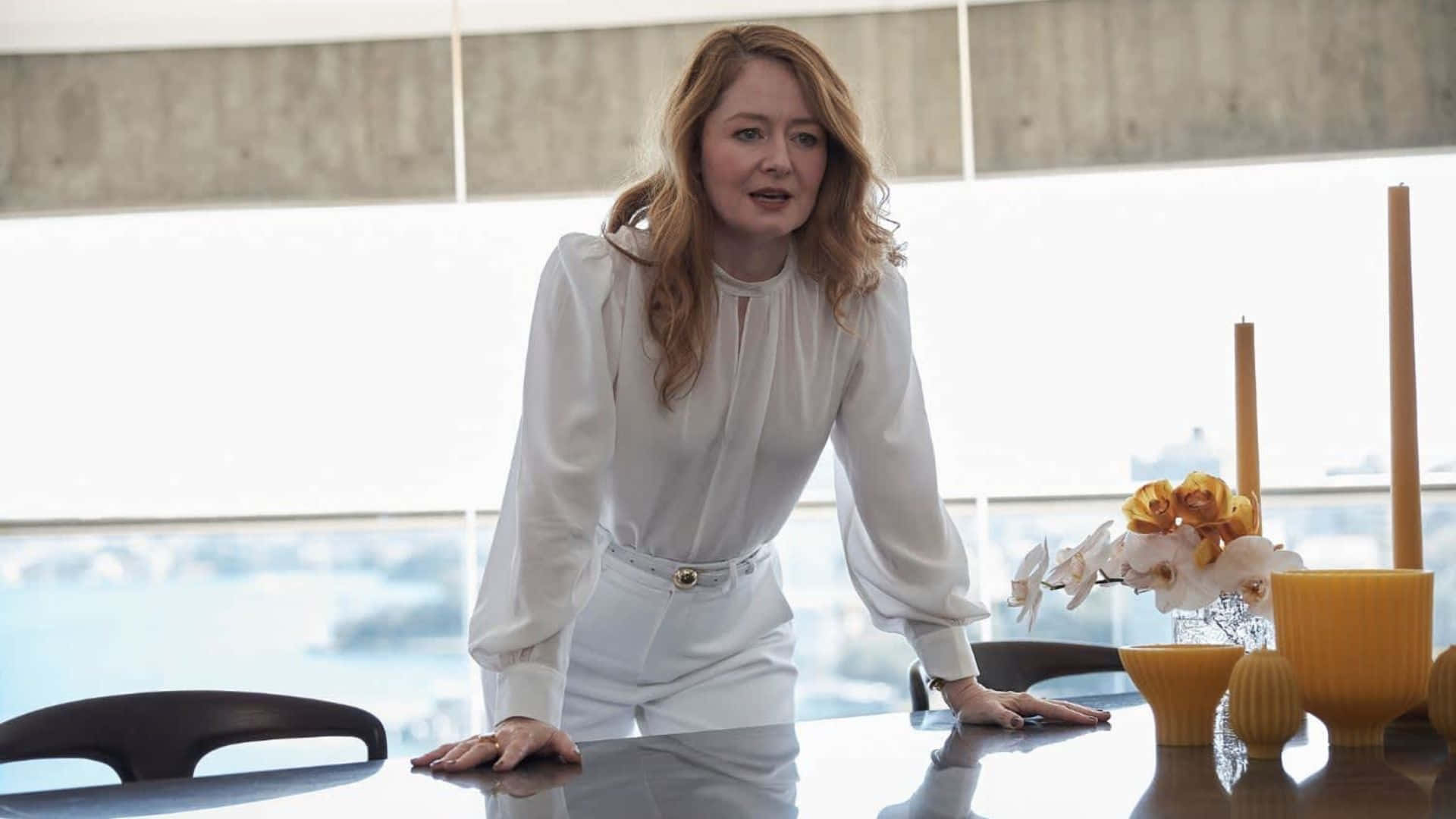Miranda Otto, white blouse, white pants, Full HD Desktop Wallpaper