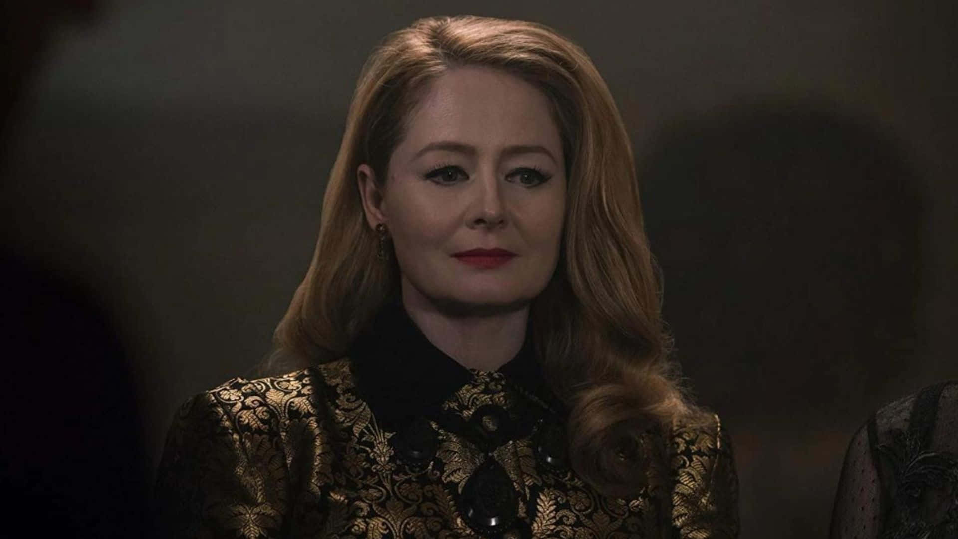 Miranda Otto, long blonde hair, black and gold ornate blouse, Full HD Desktop Wallpaper
