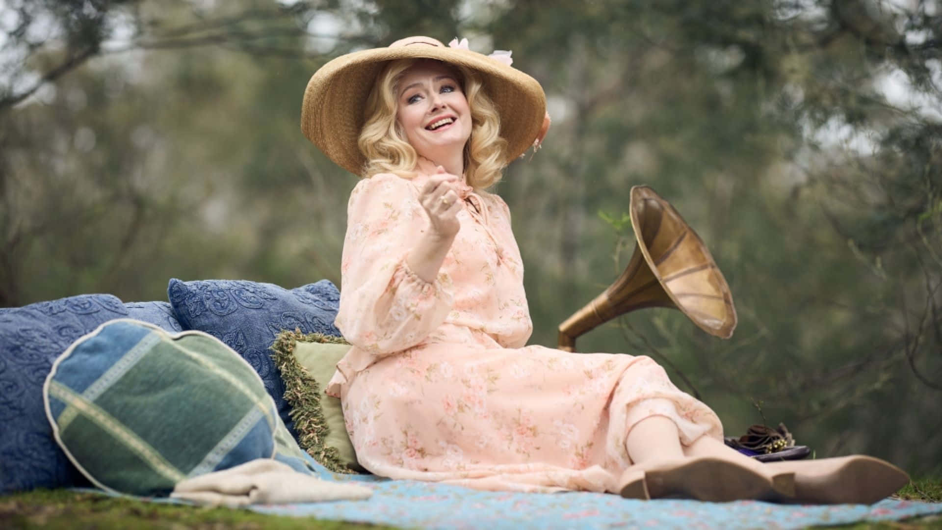 Miranda Otto, pink floral dress, straw hat, Full HD Desktop Wallpaper