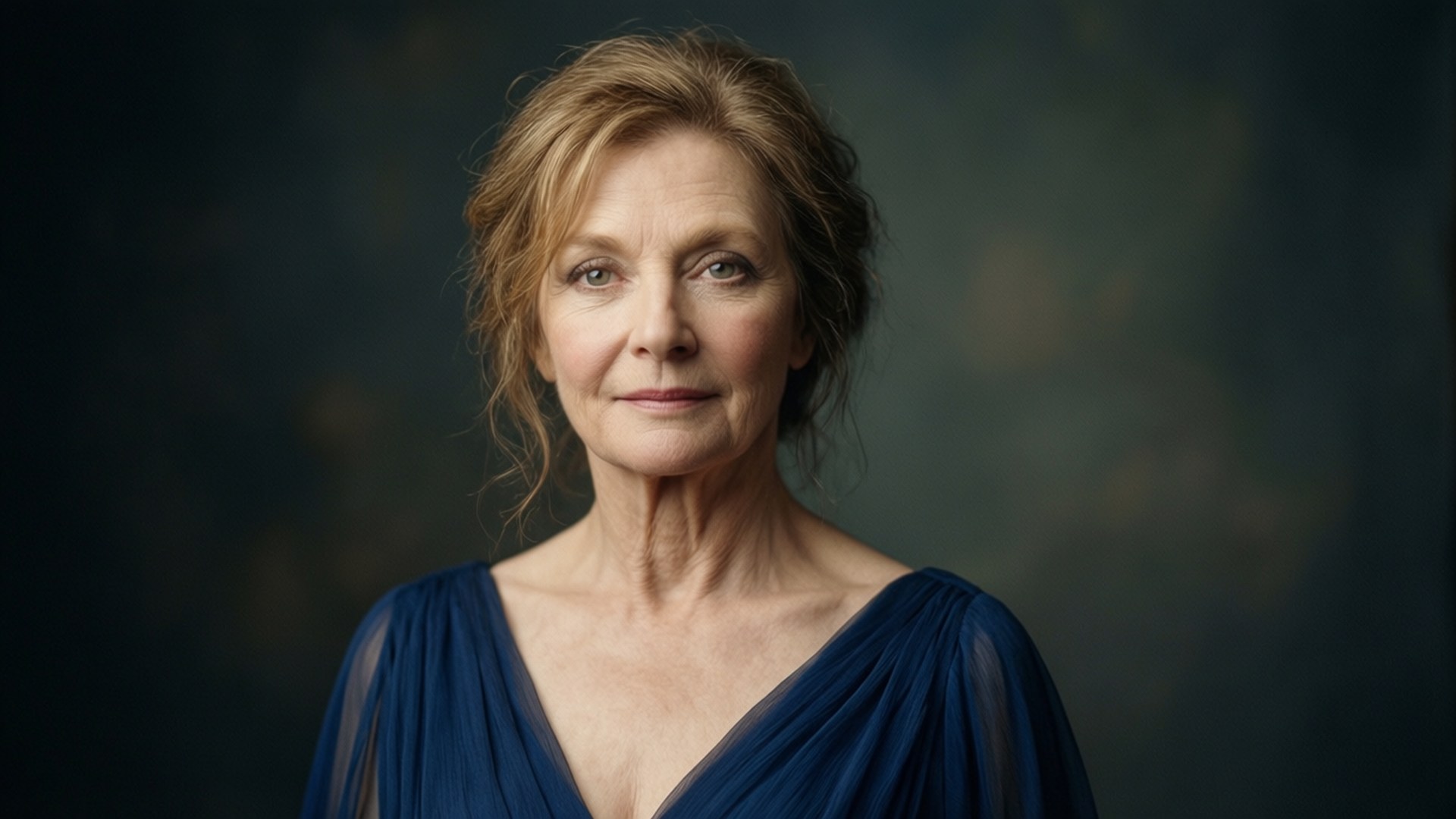 Miranda Richardson, deep blue draped gown, wavy blonde hair, Full HD Desktop Wallpaper