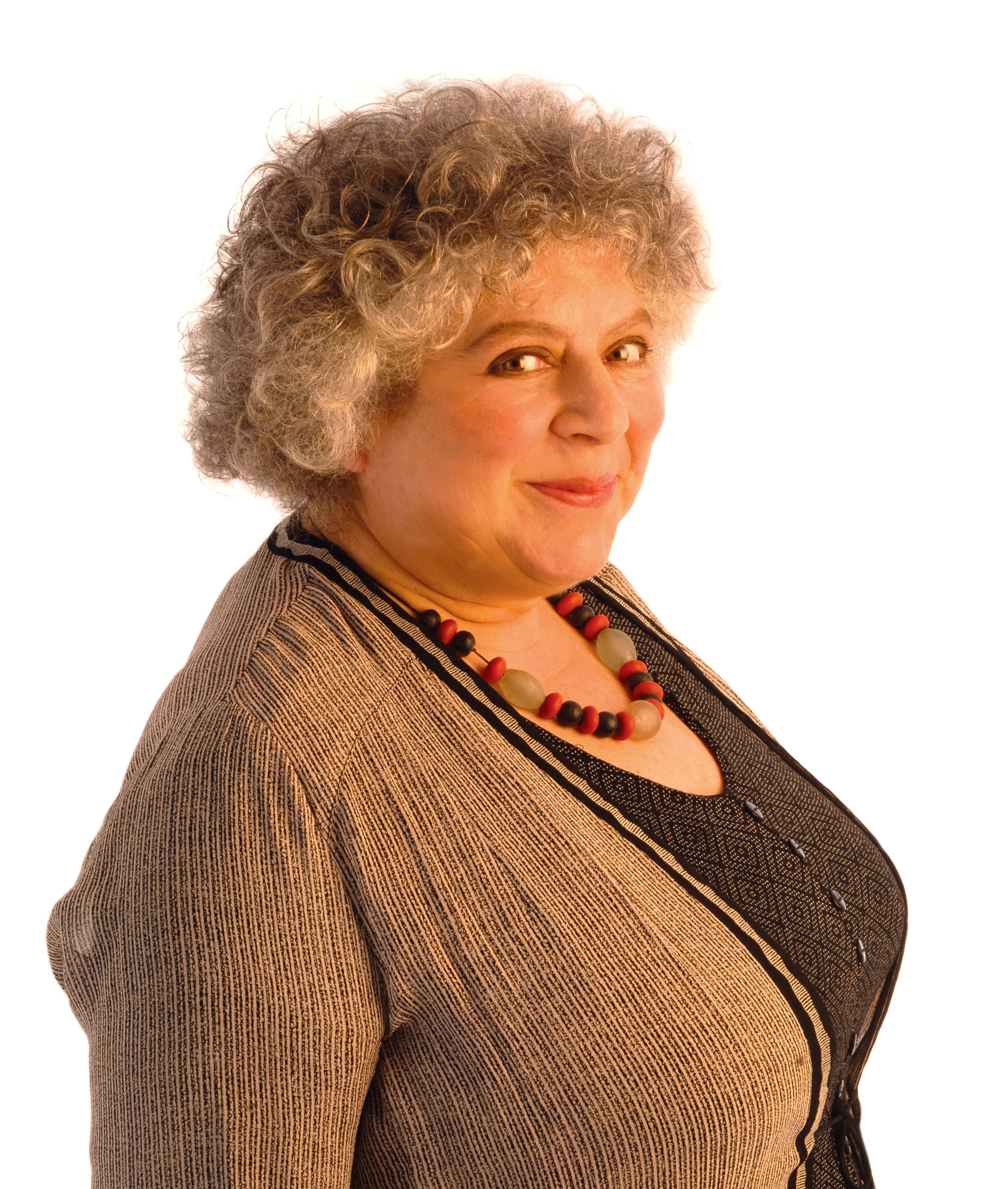 Miriam Margolyes, curly gray hair, textured cardigan, 2K Phone Wallpaper