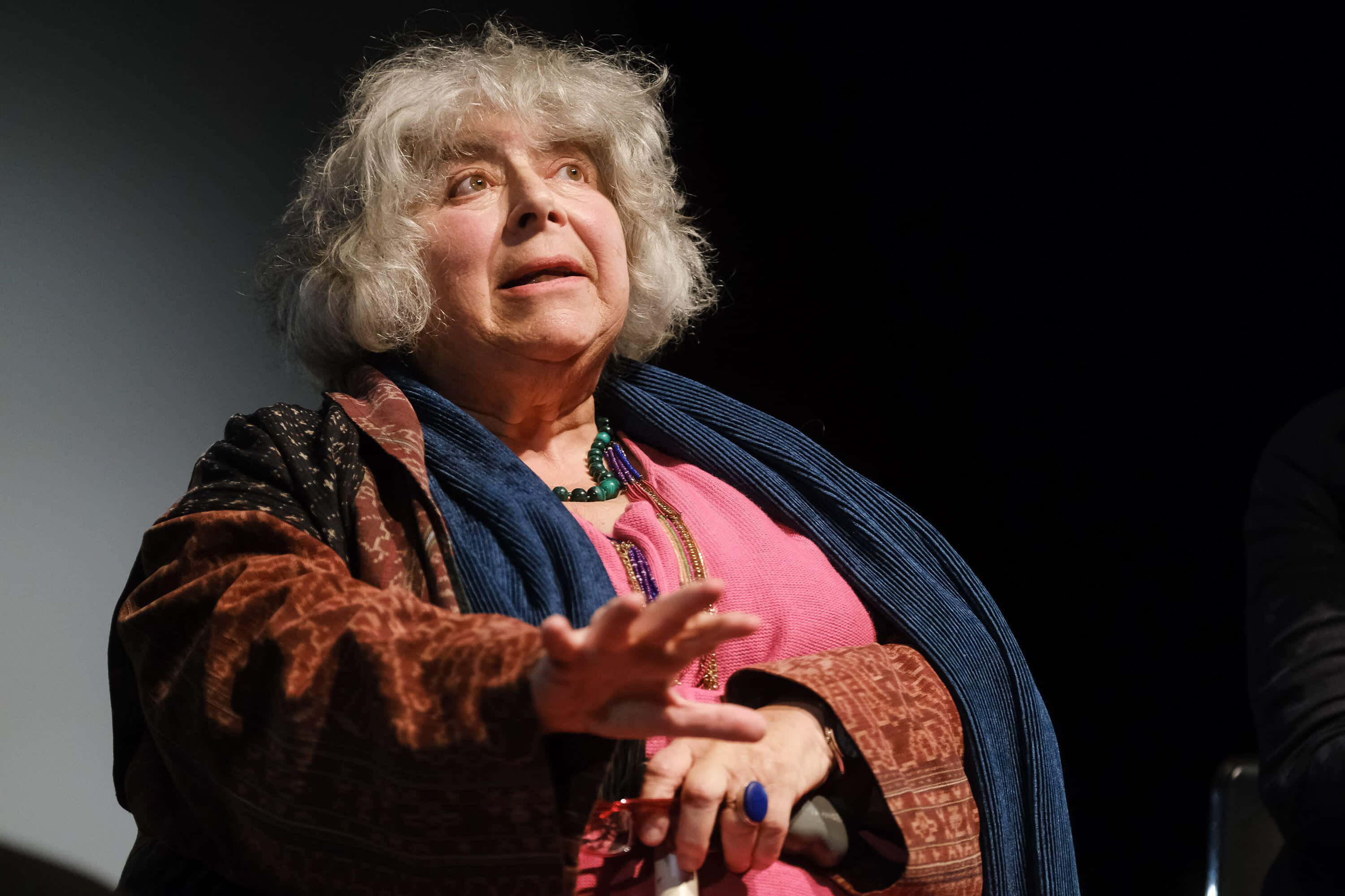 Miriam Margolyes, curly gray hair, microphone, 2K Desktop Wallpaper
