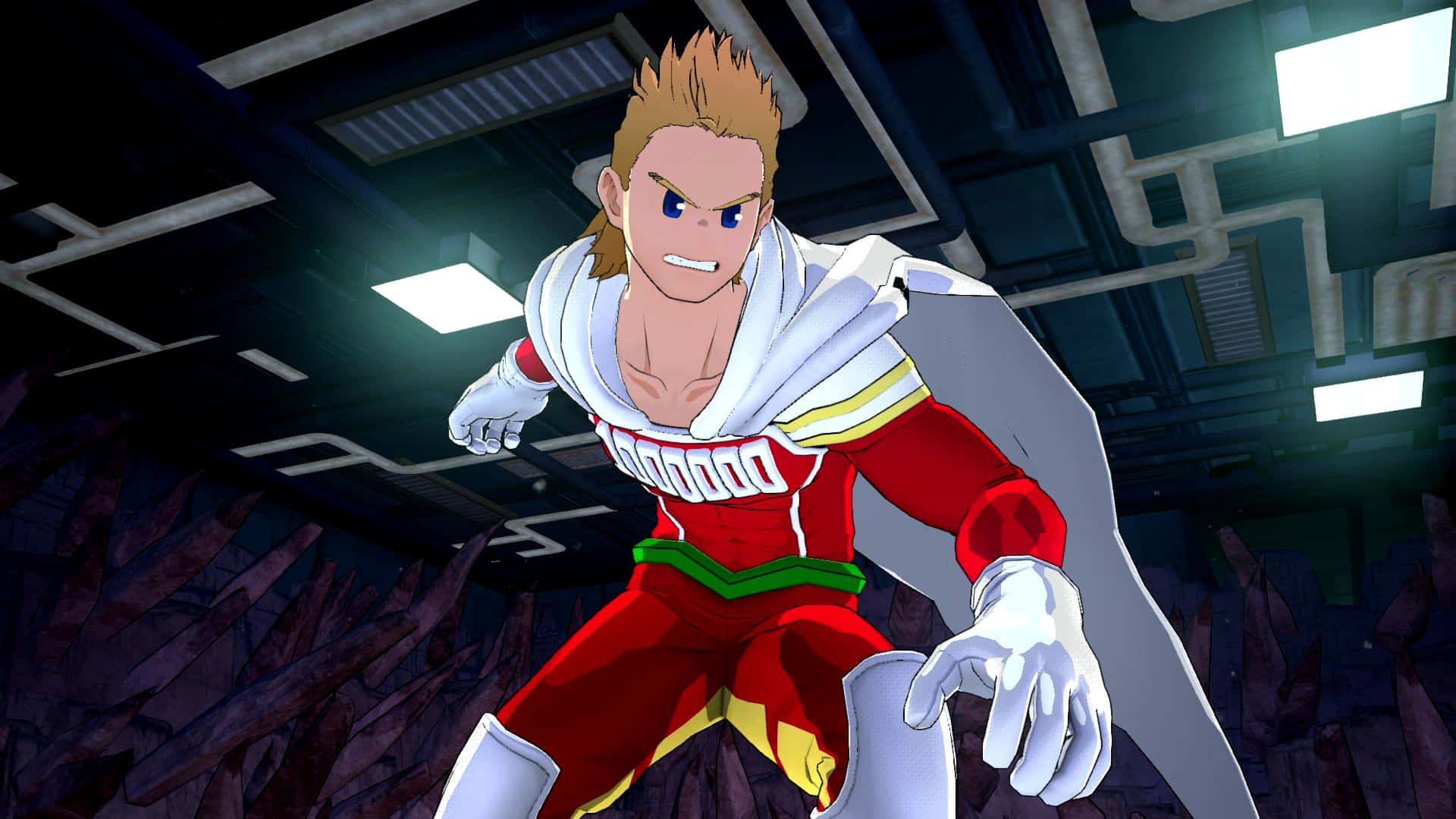 Mirio Togata, red and white suit, dimly lit industrial setting, Full HD Desktop Wallpaper