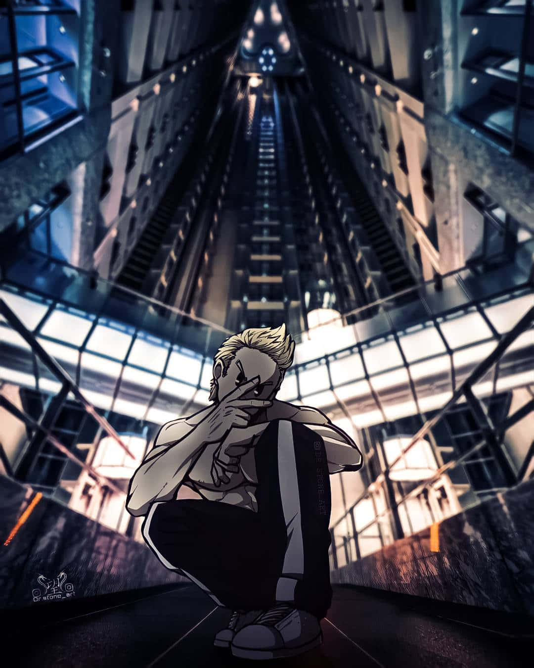 Mirio Togata, blonde anime character, towering futuristic cityscape, HD Phone Wallpaper