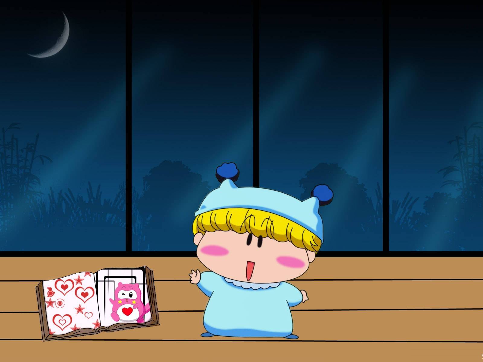 Mirmo De Pon, blue nightcap, wooden floor, HD Desktop Wallpaper