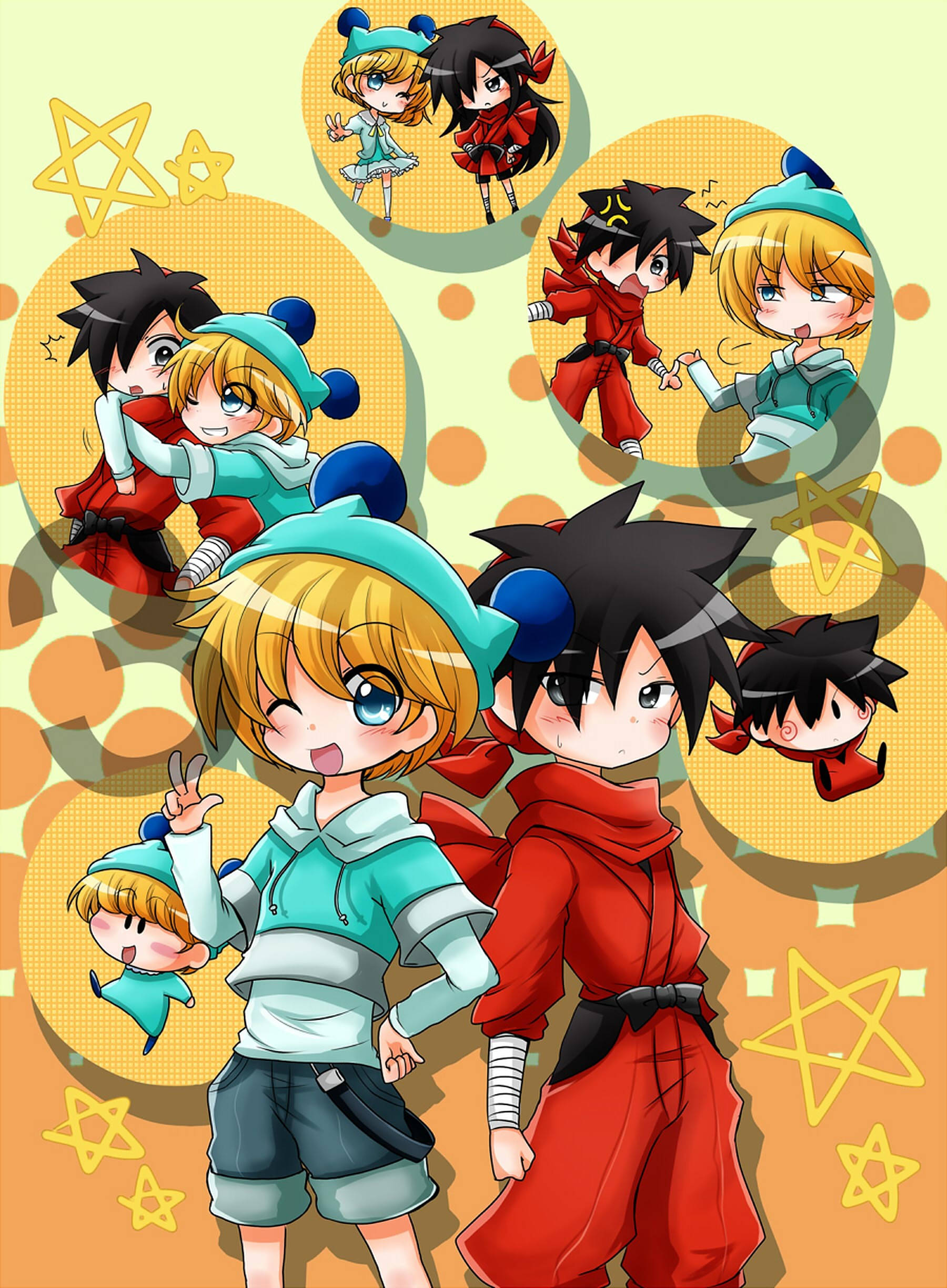 Mirmo De Pon, kid version, red and teal outfits, Full HD Phone Wallpaper