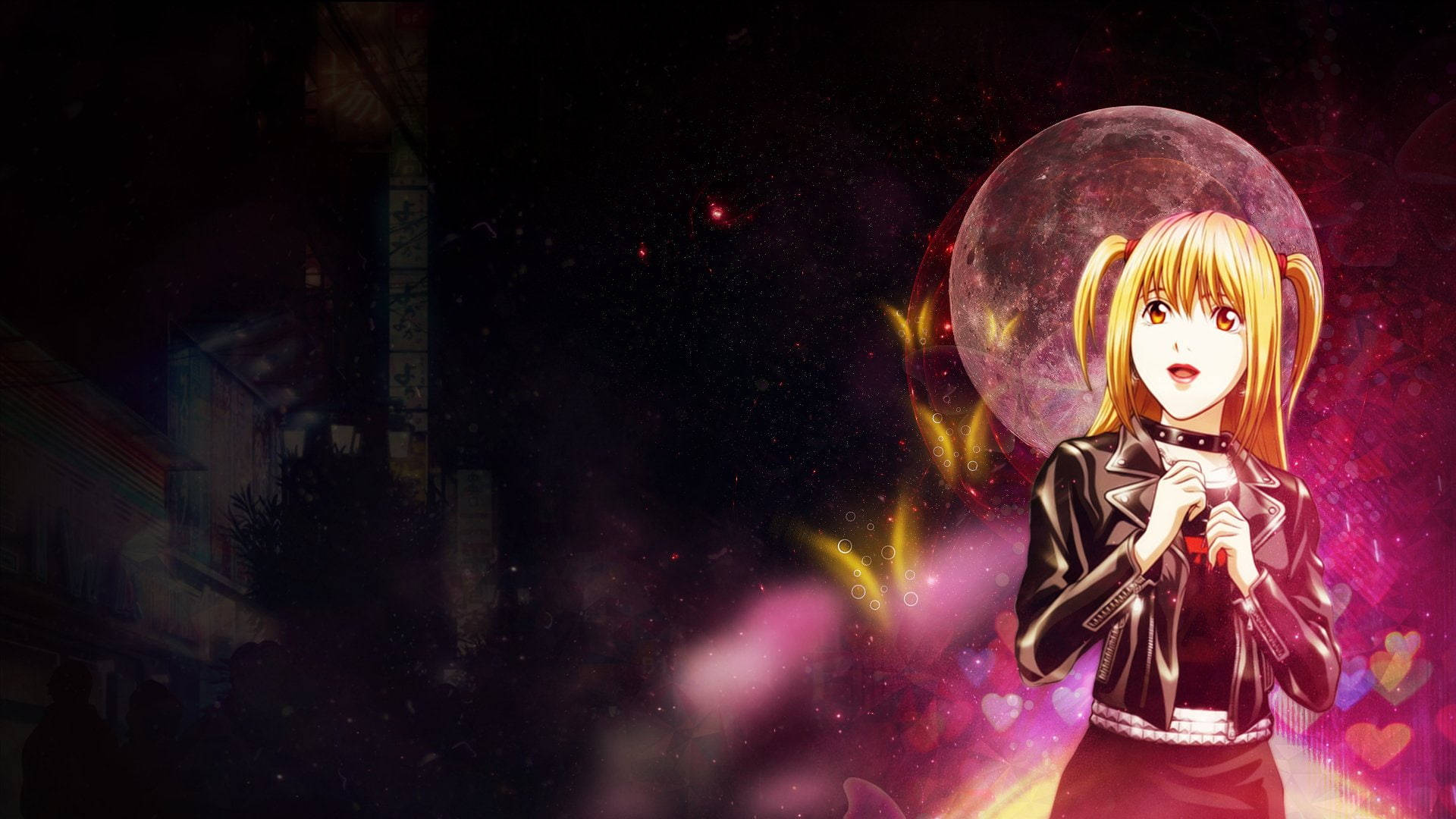 Misa Amane, glowing moon, hearts, Full HD Desktop Wallpaper