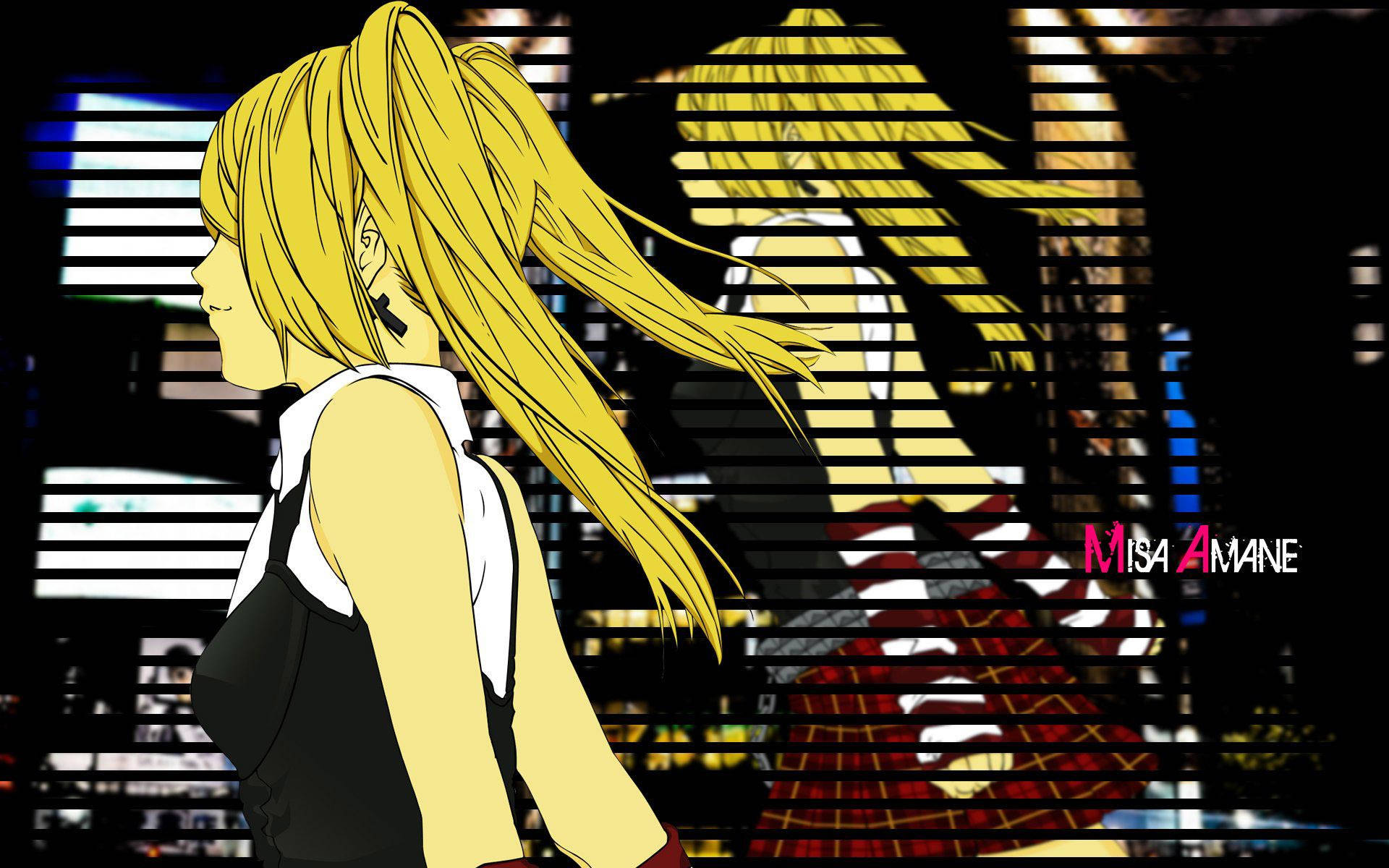 Misa Amane, glitchy striped cityscape, neon lights, Full HD Desktop Wallpaper