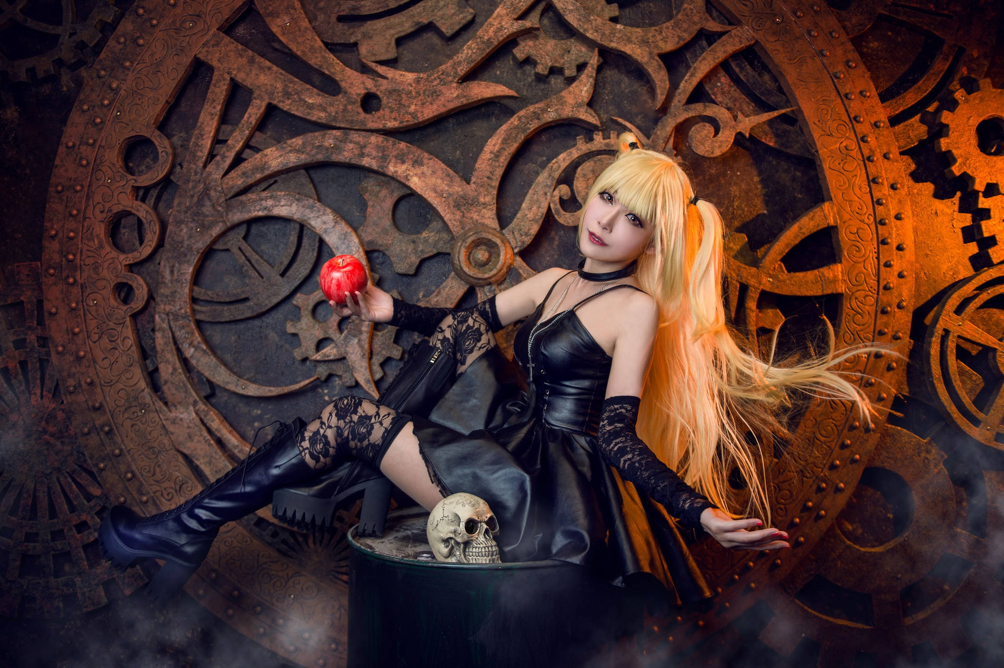 Misa Amane, black leather, red apple, Full HD Desktop Wallpaper