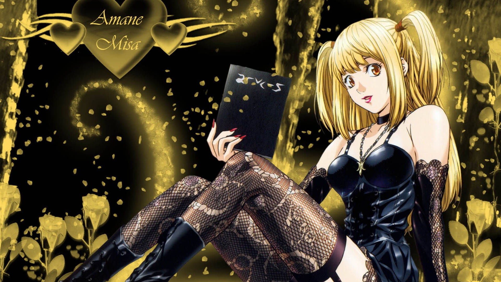 Misa Amane, golden heart, rose backdrop, Full HD Desktop Wallpaper