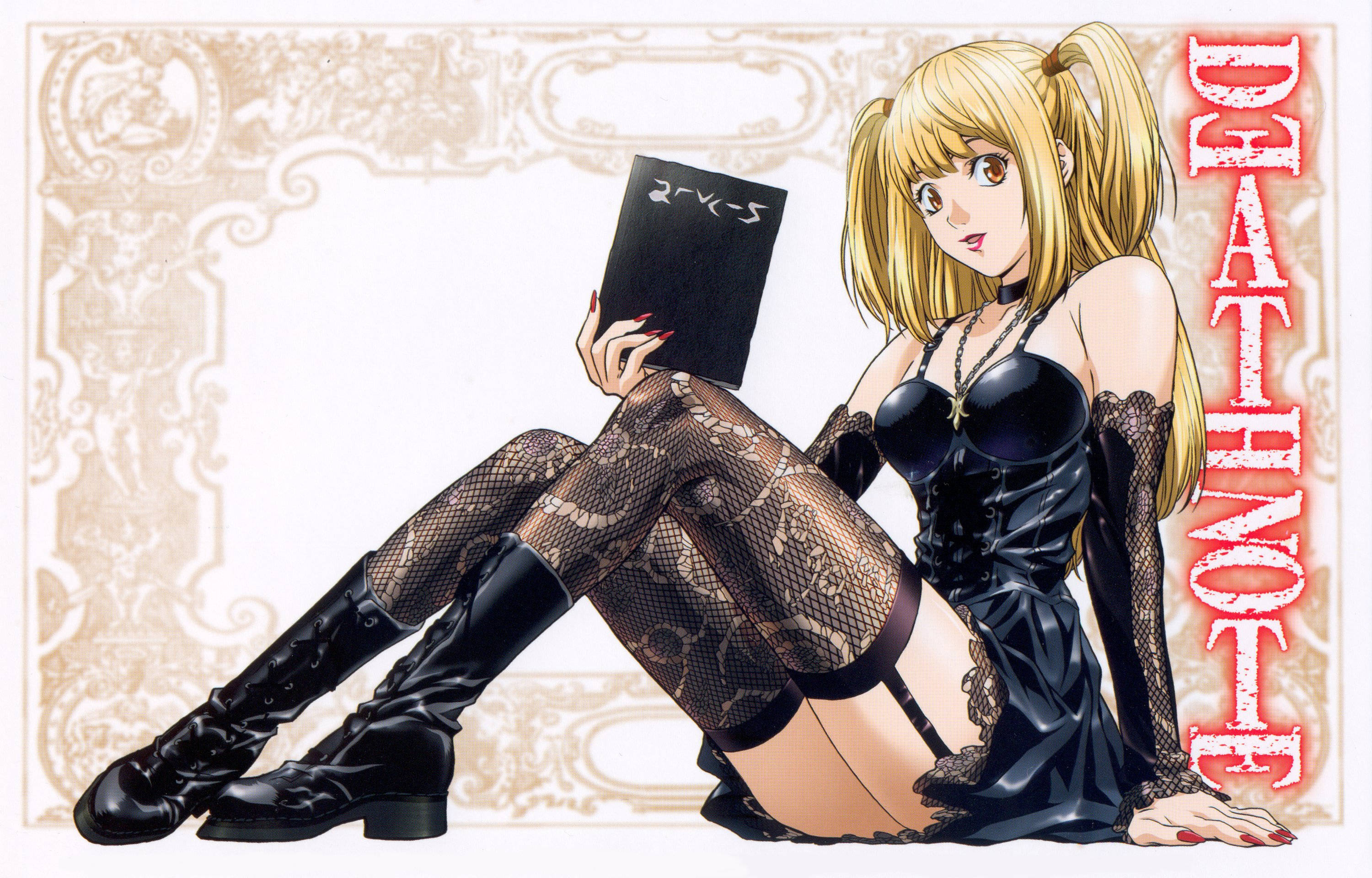 Misa Amane, black lace lingerie, thigh-high boots, 2K Desktop Wallpaper