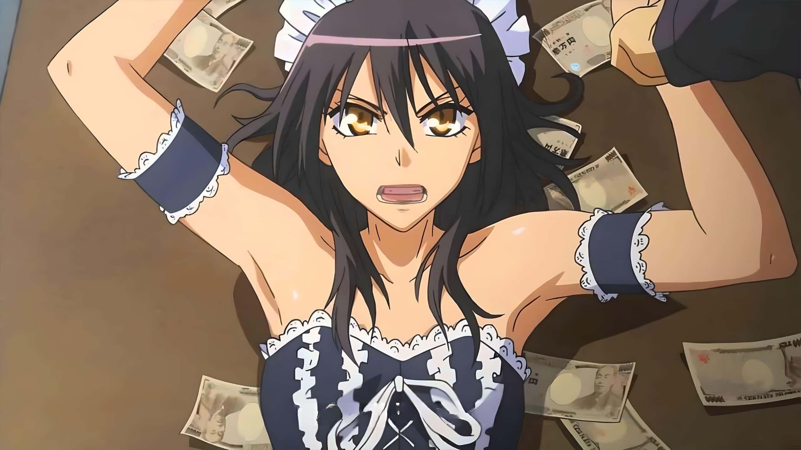 Misaki Ayuzawa, maid outfit, scattered yen bills, 2K Desktop Wallpaper