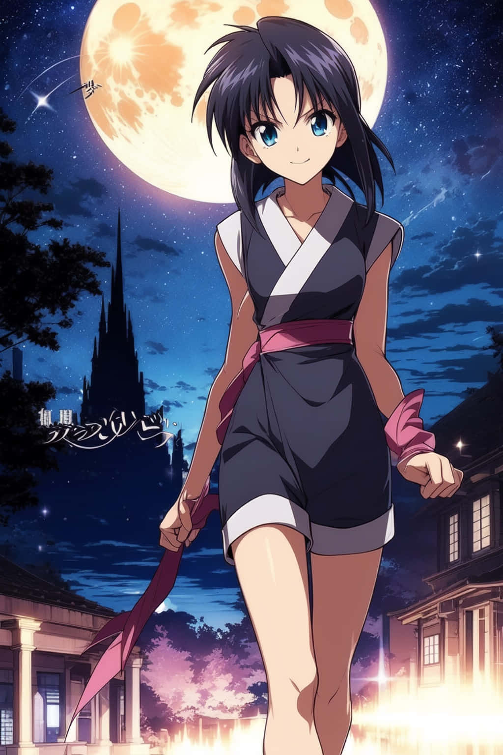 Misao Makimachi, giant glowing moon, starry night sky, HD Phone Wallpaper
