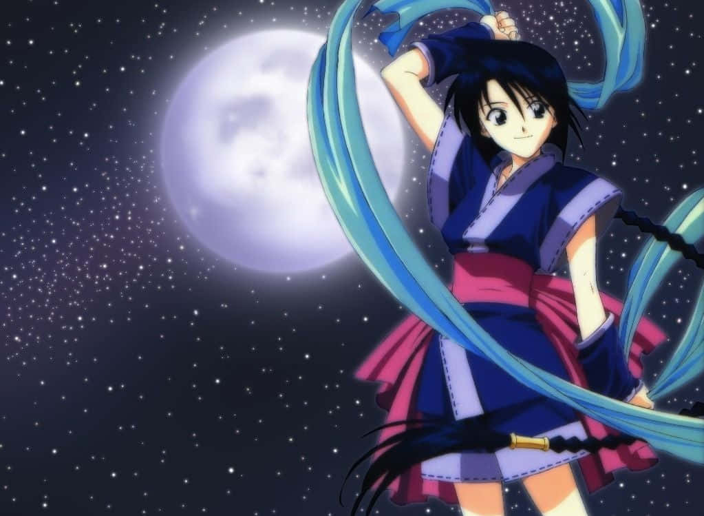Misao Makimachi, long blue hair, traditional outfit, SD Desktop Wallpaper