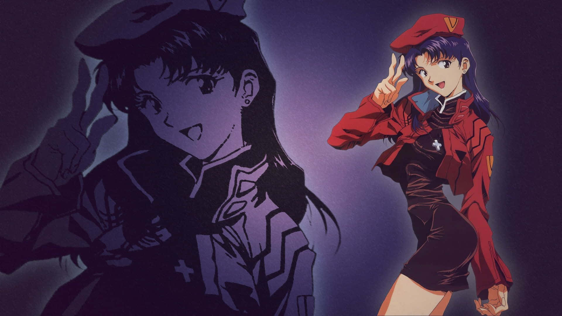 Misato Katsuragi, red uniform, purple backdrop, Full HD Desktop Wallpaper